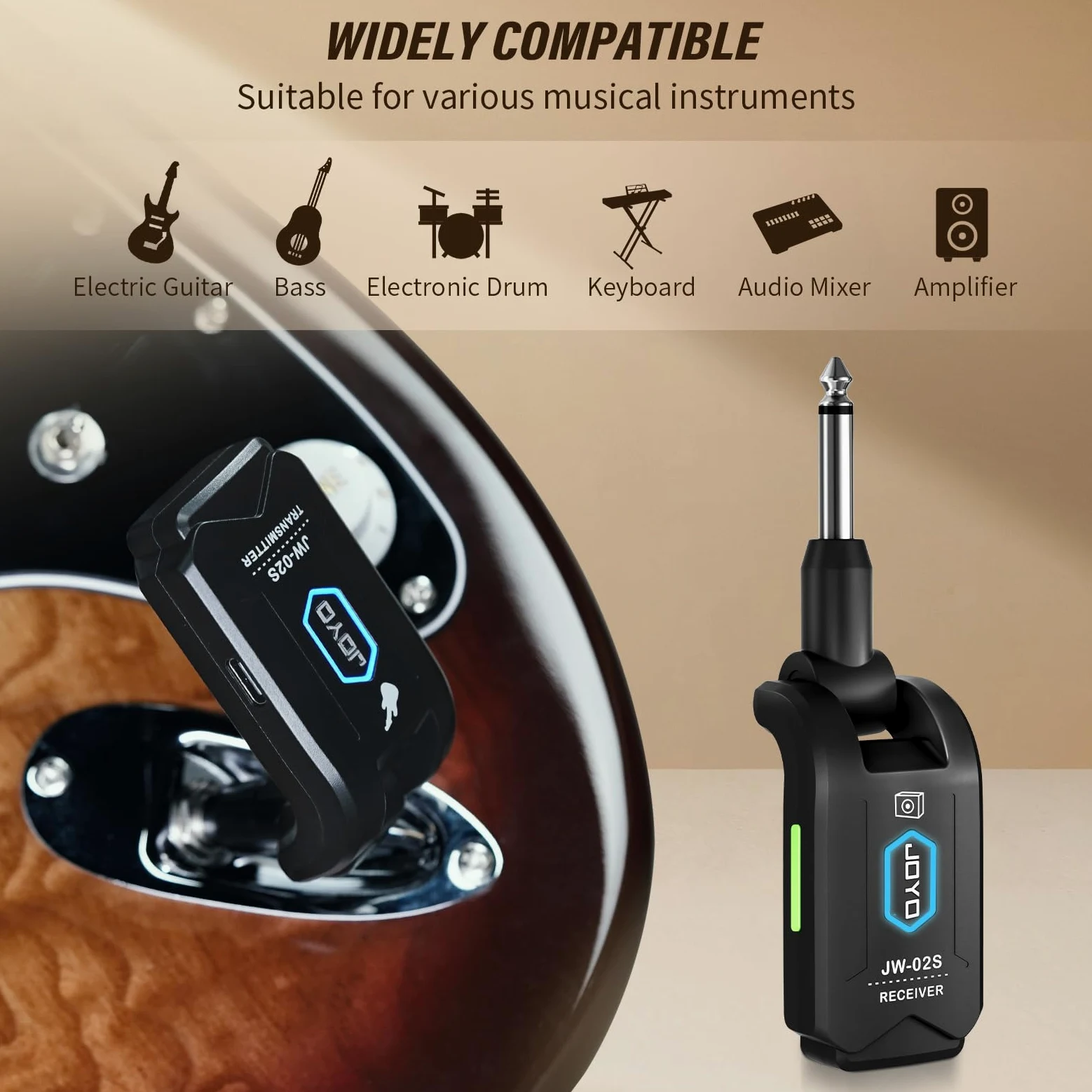 JOYO Sistema di chitarra wireless da 5,8 GHz, ricevitore audio ricaricabile con 4 canali di segnale per chitarra elettrica, basso 20 m (JW-02S)