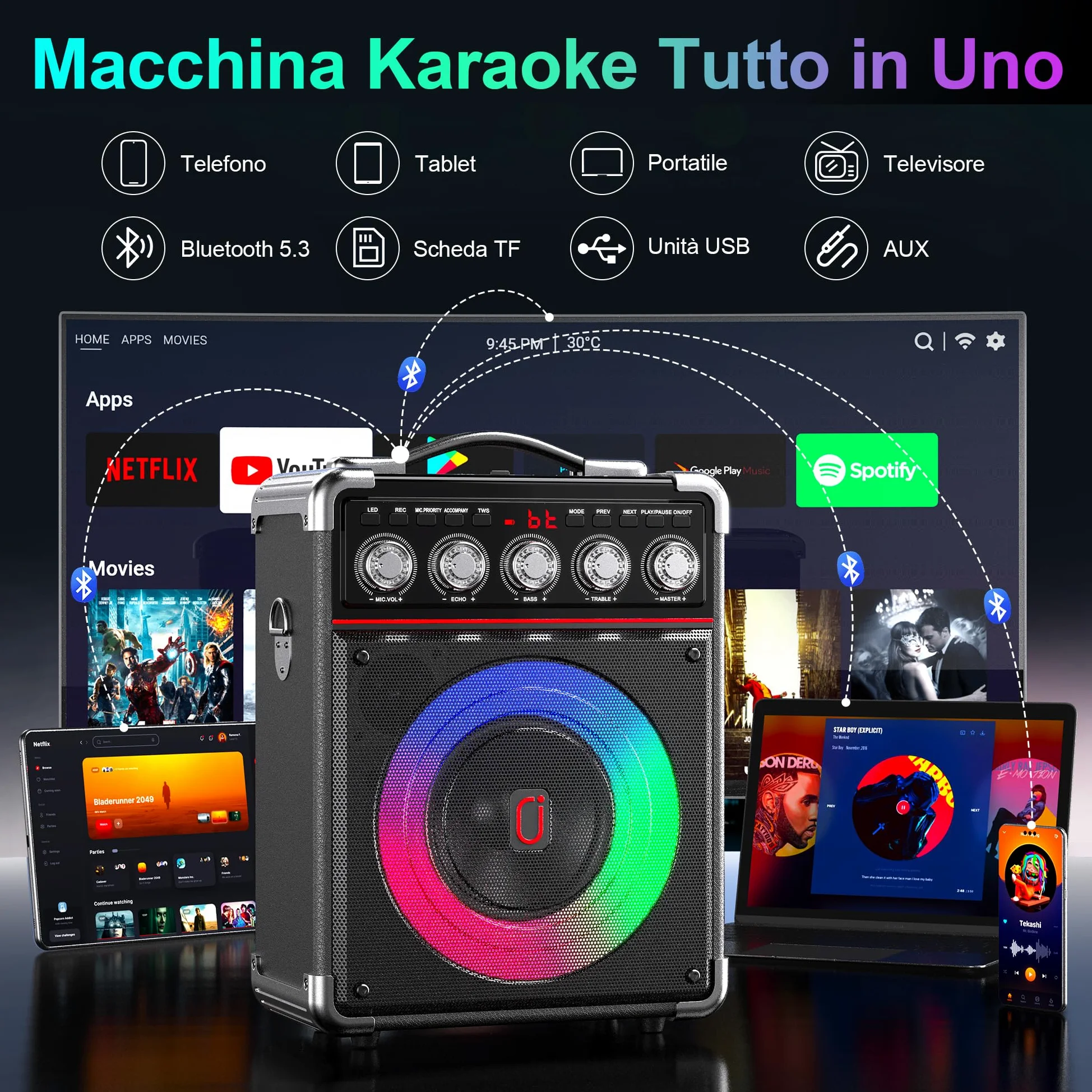 JYX Karaoke con 2 Microfono, 100W Cassa Bluetooth, Autonomia 18 Ore, Karaoke Professionale Completo, Potatile PA Sistema e Luce LED & telecomando, Supporta Bluetooth/TF/USB/AUX/TWS