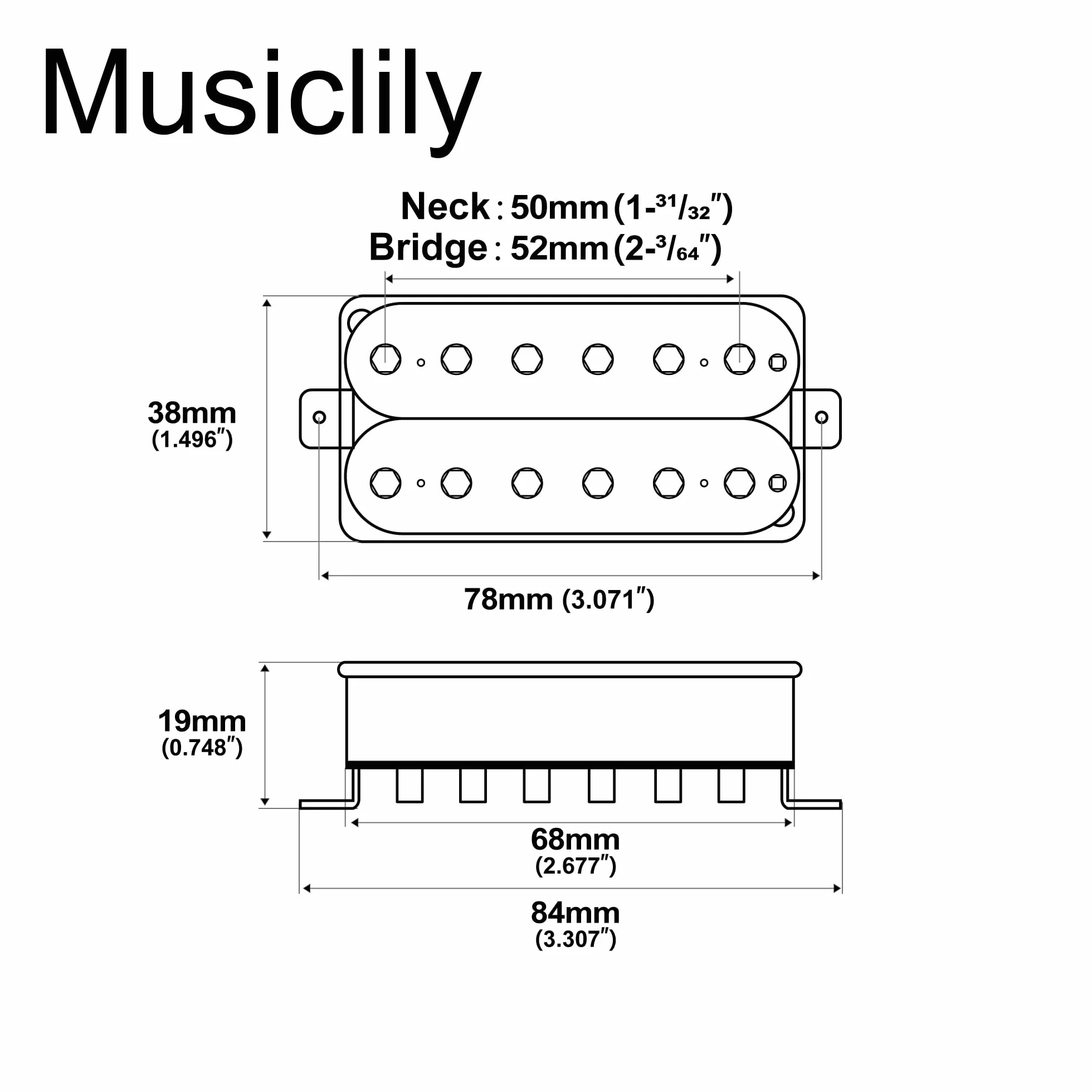 Musiclily Pro HH-HEXA Alnico 5 Scoperto Pick Up Humbucker Polo Esagonale Regolabile Manico Ponte Set 7,8K/16K per Chitarra Elettrica, Nero