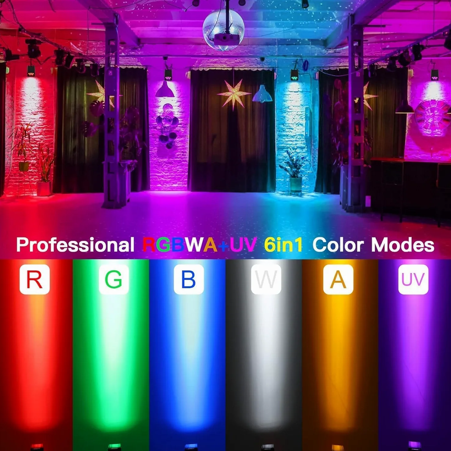 Proiettore PAR LED 108 W, 6 pezzi con flightcase RGBWA + UV, batteria ricaricabile 9600 mAh, telecomando/applicazione/WiFi/DMX, ideale per feste, DJ, Natale, bar, compleanni