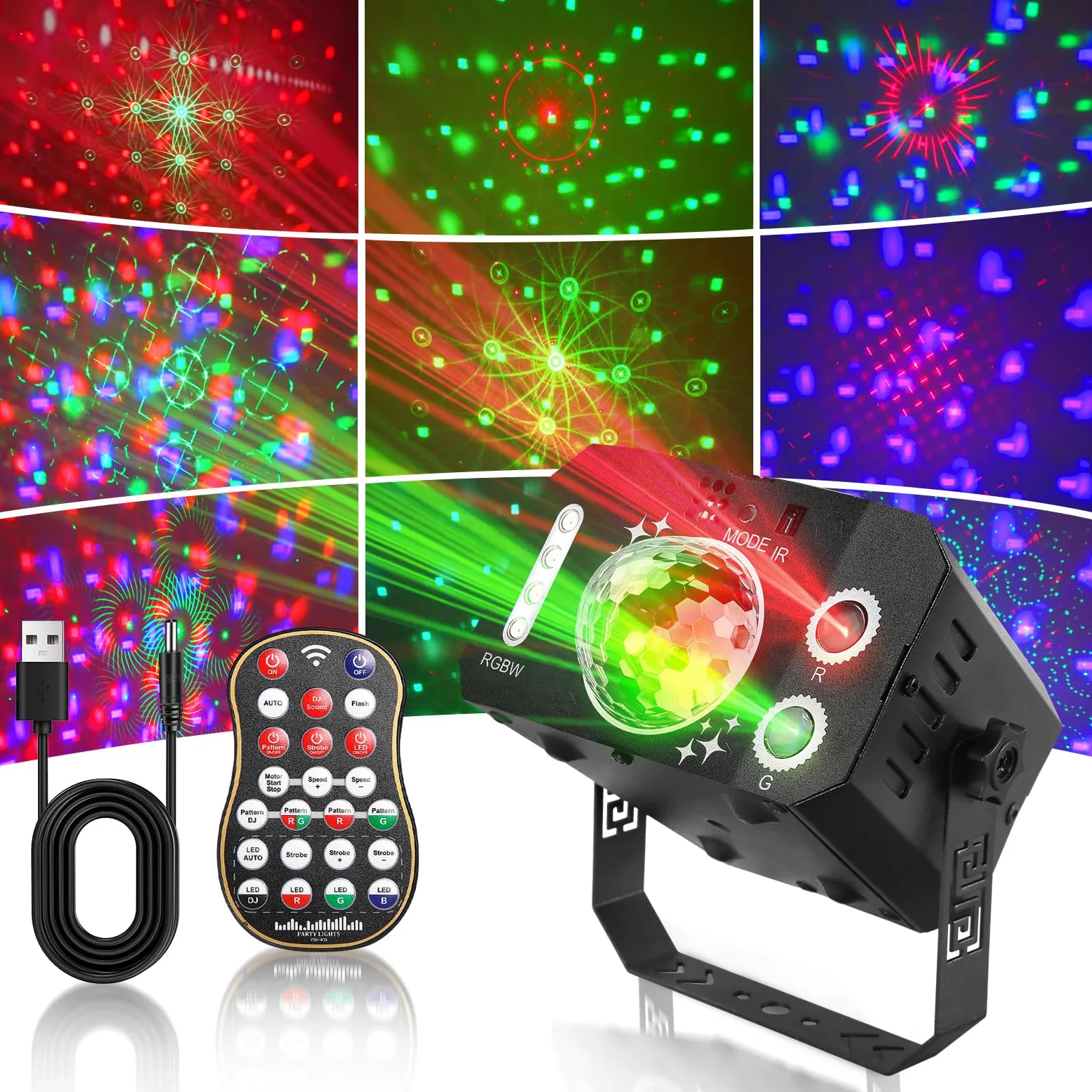 JONRRYIN Luci Discoteca, 3 IN 1 Strobo Discoteca, Luci da Discoteca con Controllo Musicale, Laser Discoteca con Mando a Distancia y 128 Patrones per Feste, Compleanno, Pub