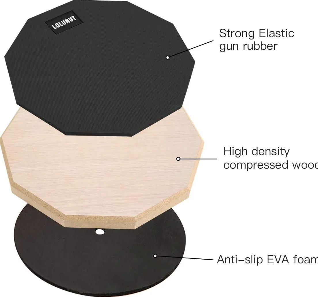 Pad per esercizi batteria, allenatore silenzioso in gomma morbida, base in legno, double-face, con bacchette in legno massello (20,3 cm, nero)