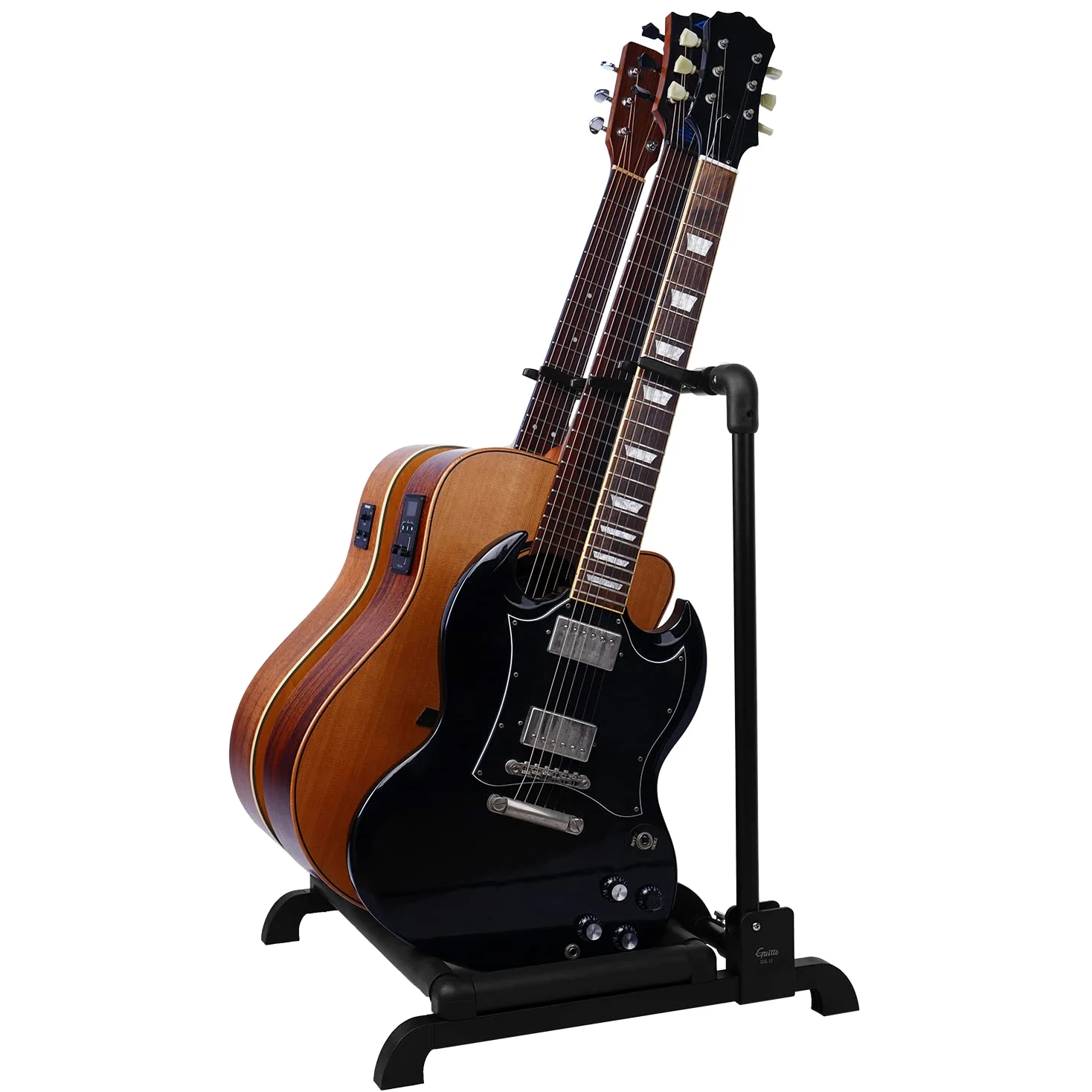 GUITTO GGS12 - Supporto per chitarra, pieghevole, universale, portatile, per palcoscenico, basso, chitarra acustica, 3 supporti GGS-12