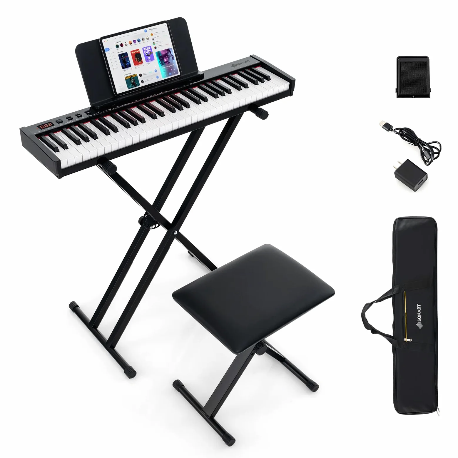 GYMAX Pianoforte Digitale 61 Tasti, Tastiera con Supporto e Sgabello Regolabili, Tasti Semi-Pesati, Funzione MIDI Audio Wireless, Leggio per Musica, Pedale Sustain e Borsa, Nero