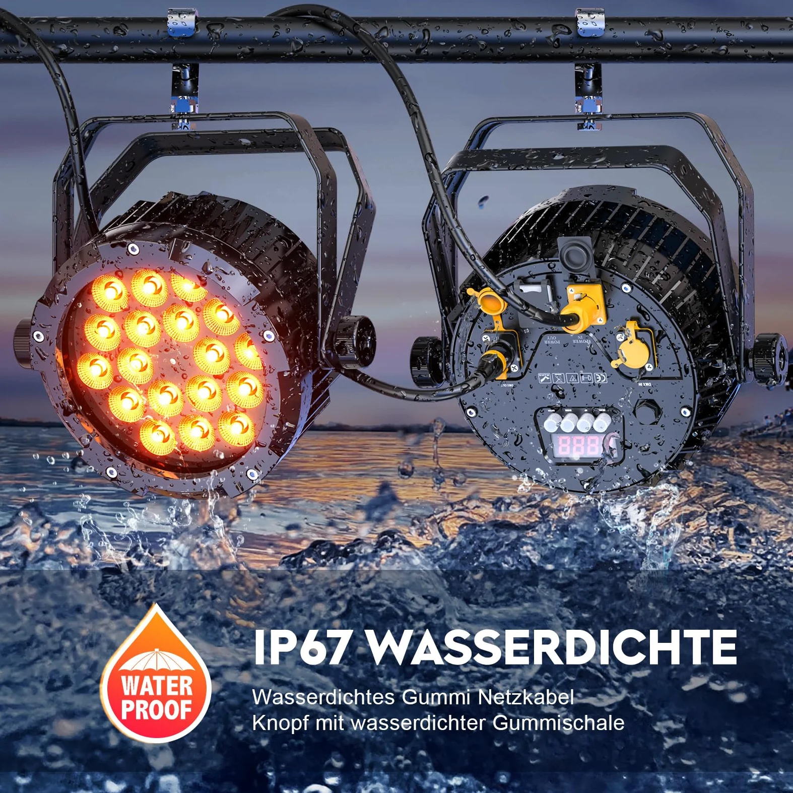 Impermeabile Par LED RGBWA+UV 6 in 1, 18 LED Luce di Scena con DMX-6/10CH y Efectos Estroboscópica, Illuminazione Palco per Discoteche, Matrimoni, Bar, Spettacoli, Piscina