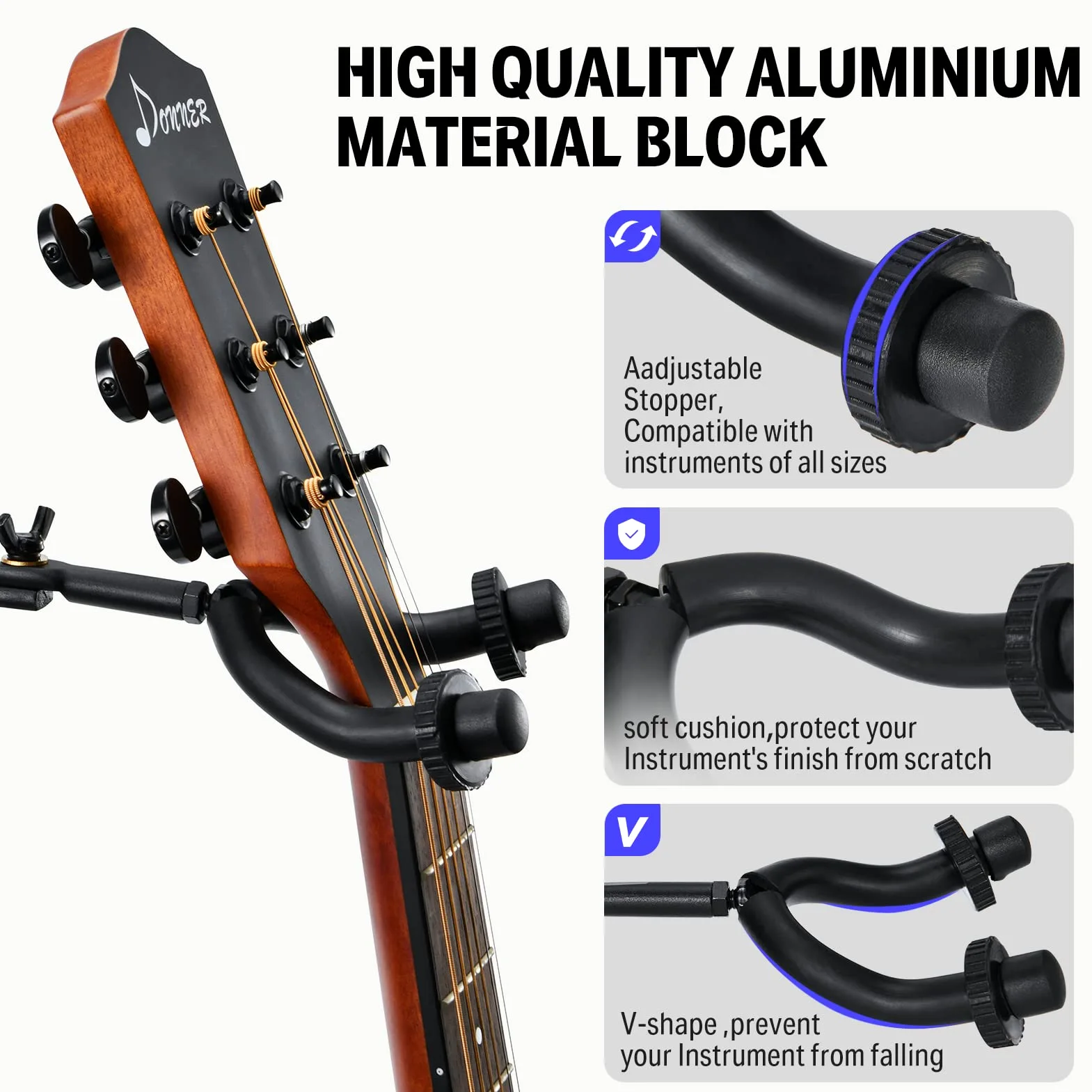 Donner 5 Guitar Wall Rack Supporto per Montaggio a Parete per Chitarra Nero con 5 Ganci per Chitarra Regolabili per Chitarre Elettriche Acustiche, Basso, Folk Ukulele