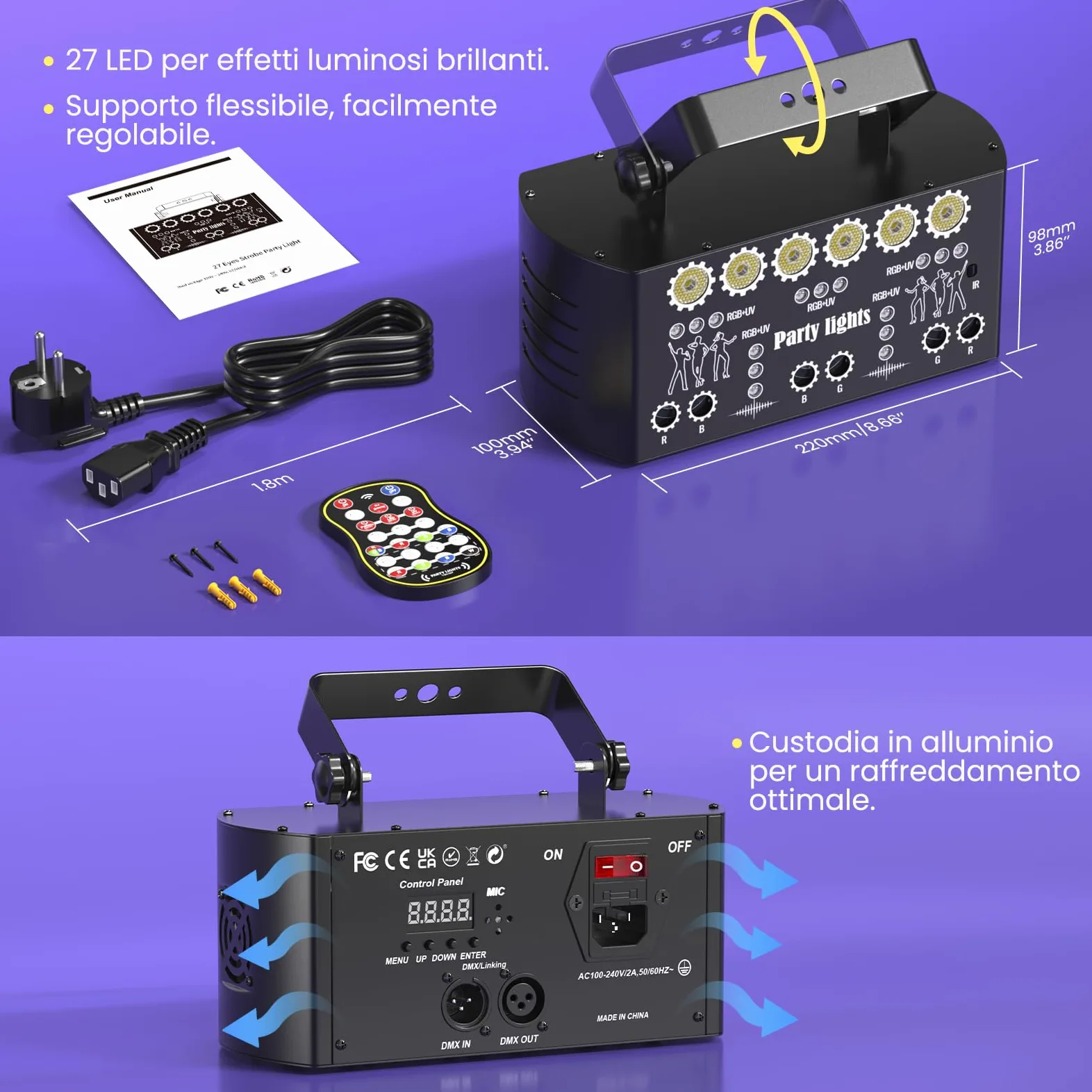Luci Discoteca DJ RGBW & UV con DMX, Telecomando, 3 Velocità Motore, 4 Modi Stroboscopici, Proiettore Laser per Party, Disco e Decorazioni per Feste