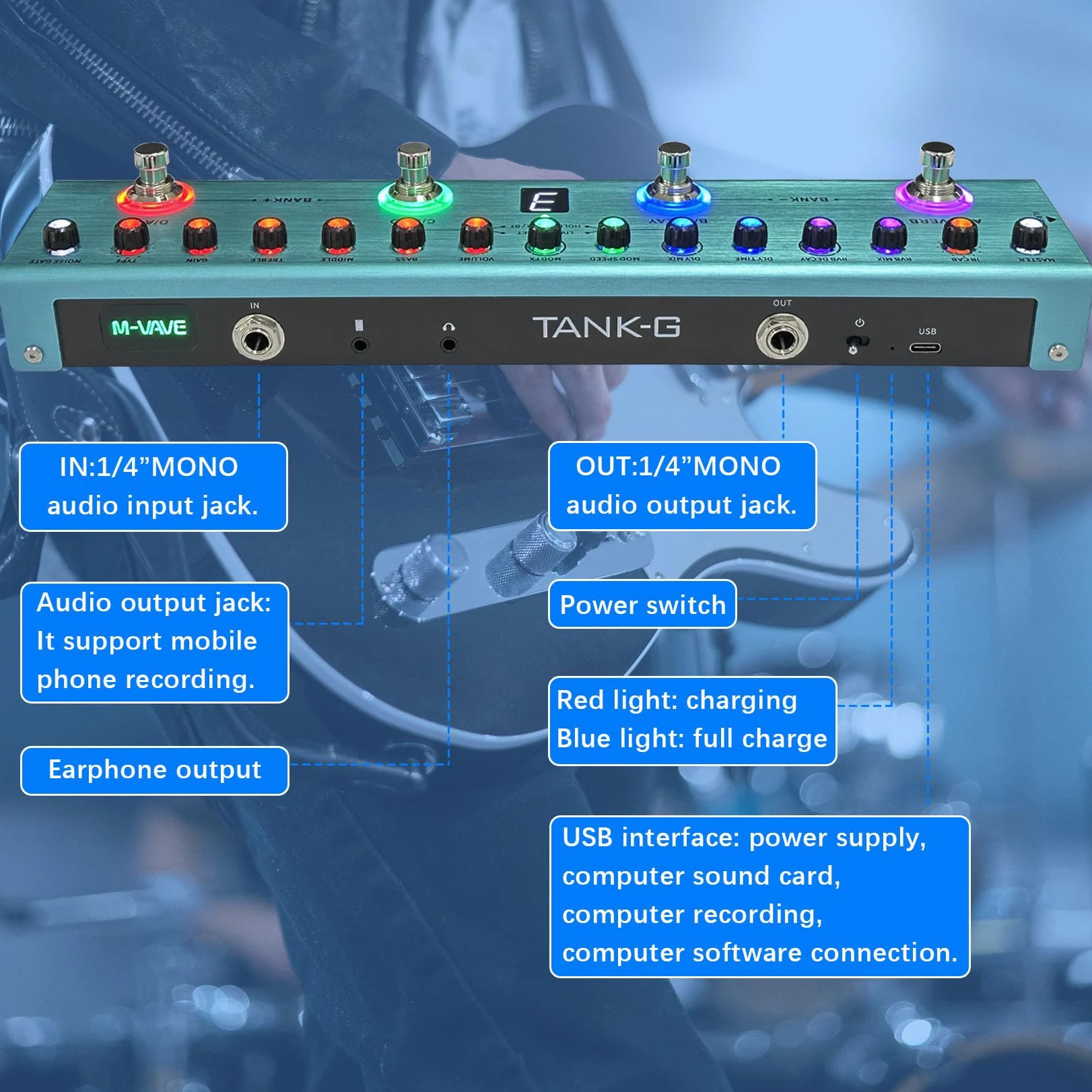 M-VAVE TANK G V 2 Pedale per chitarra multieffetto, 36 preset modificabili, Chorus, Delay, Reverb, MOD, IR terze parti, registrazione, sintonizzatore, batteria integrata
