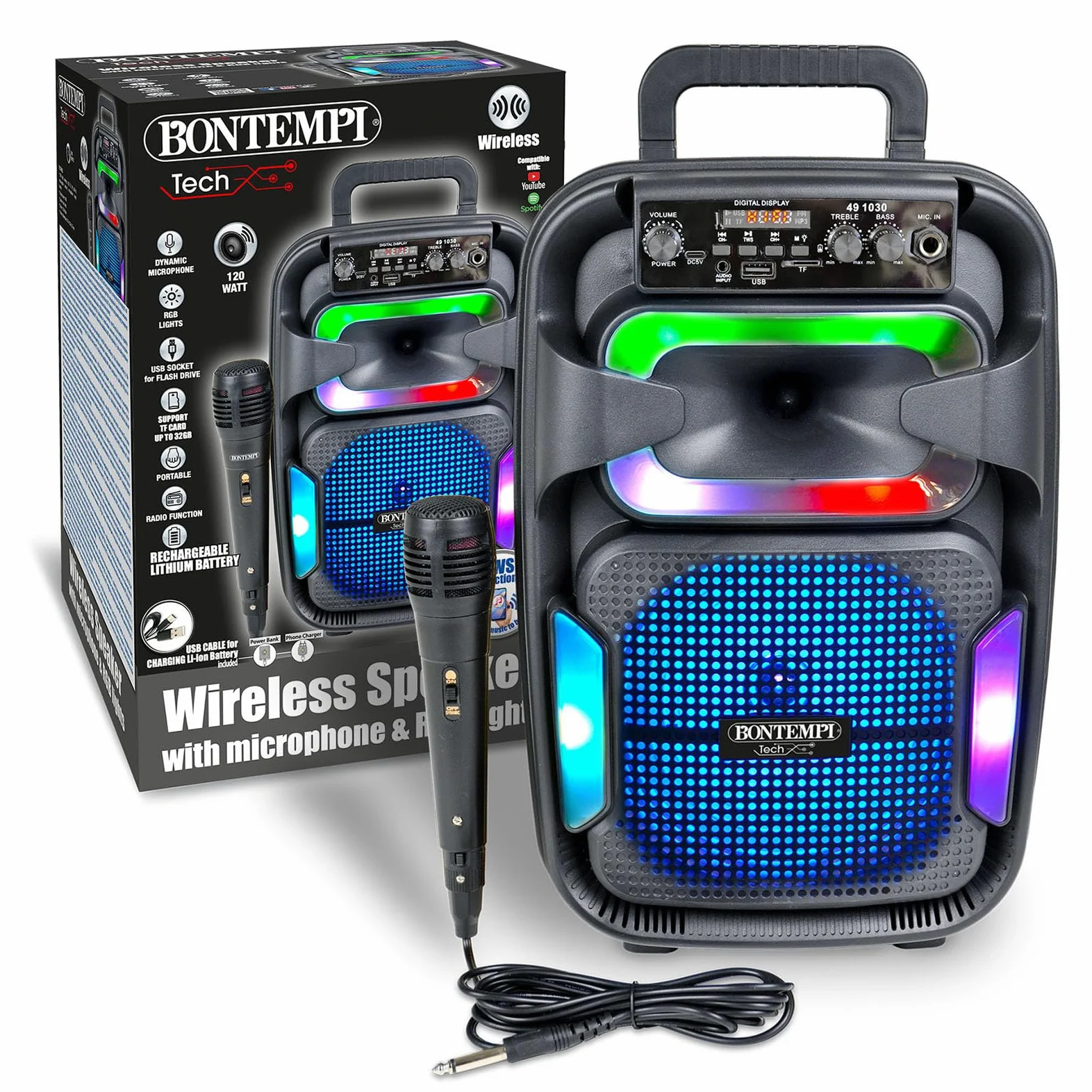 Bontempi | SonicSync - Amplificatore Wireless Karaoke con Microfono Dinamico, Effetti Luminosi, Regolatore Alti e Bassi, Funzione TWS, 38,2x24,9x21,9 cm