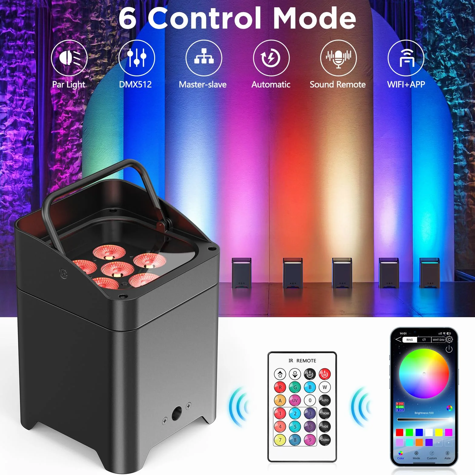 108W led par Faro Batteria Ricaricabile 9600mAh, RGBWA+UV luce palcoscenico Uplight Outdoor con telecomando/DMX/APP (iOS e Android) luce da discoteca per DJ Party Bar Natale Matrimonio
