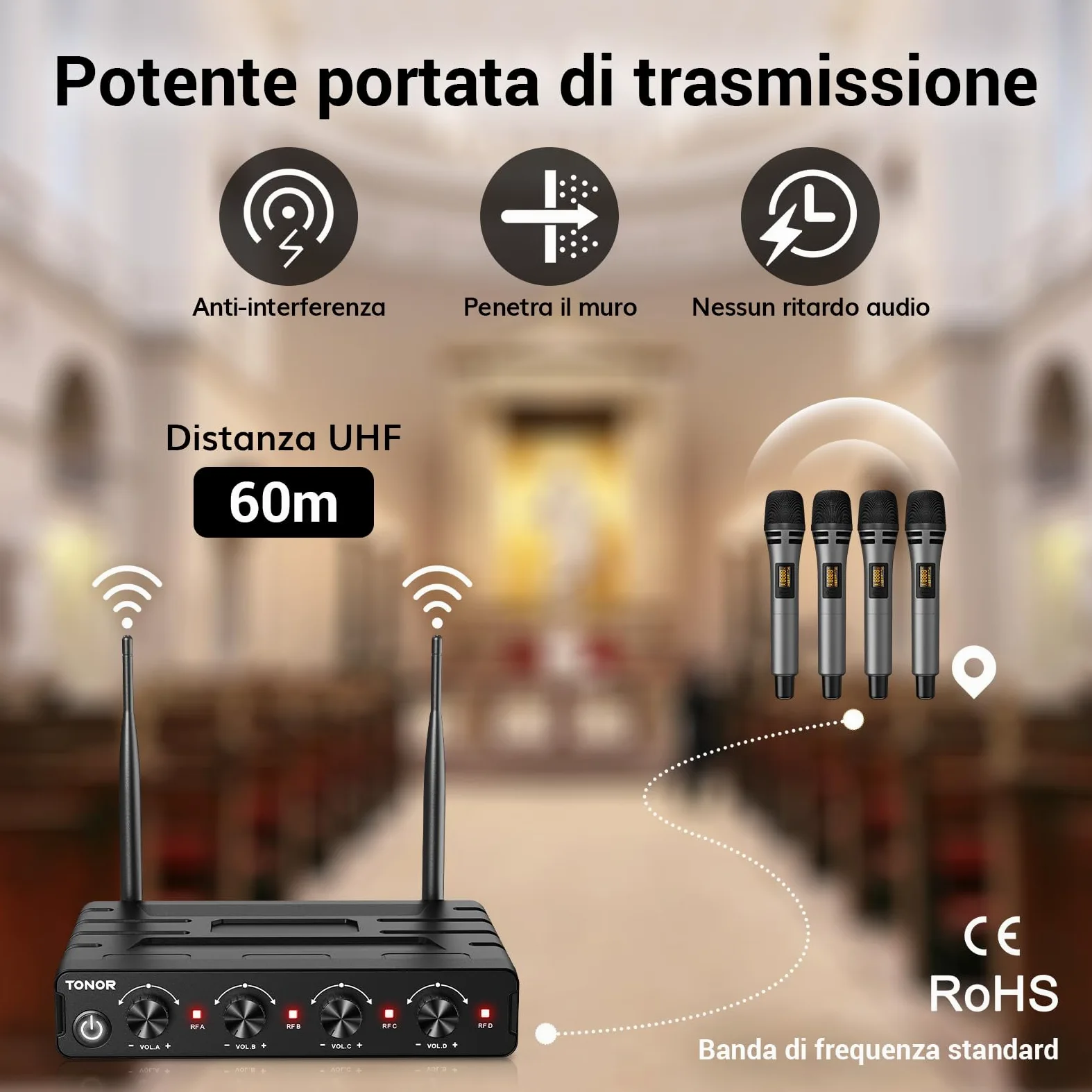 TONOR Microfono Wireless Karaoke con 4x5 Canali, 4 UHF Microfoni Palmare Senza Fili con Portata 60m, Sistema di Microfono Adatto per Canto/Festa/Chiesa/Matrimonio/PA Speaker