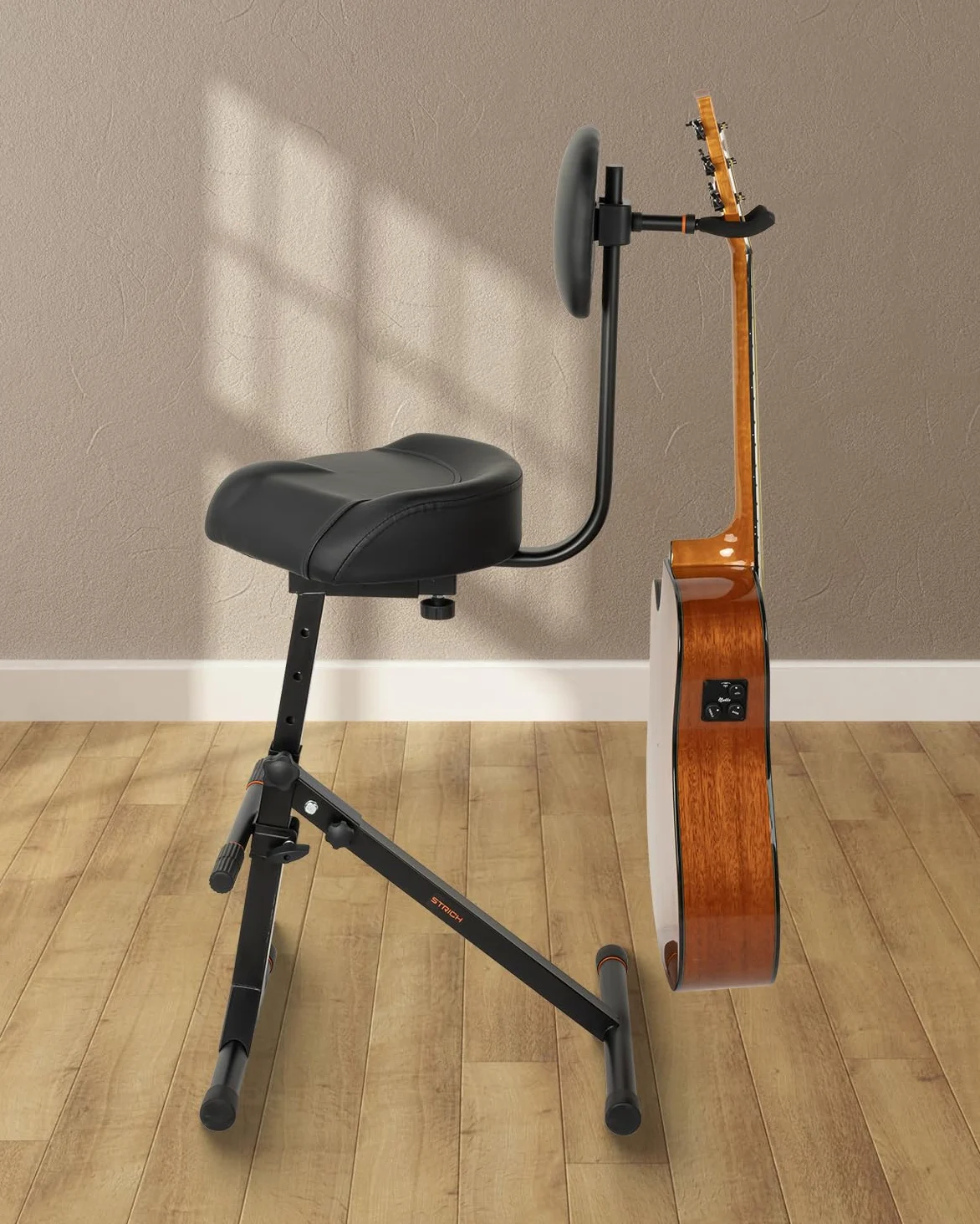 STRICH Sgabello per chitarra con schienale, sgabello regolabile, seduta regolabile in altezza con gancio per bassi acustici, sgabello per tamburo per adulti, batteristi e chitarristi SGT-40