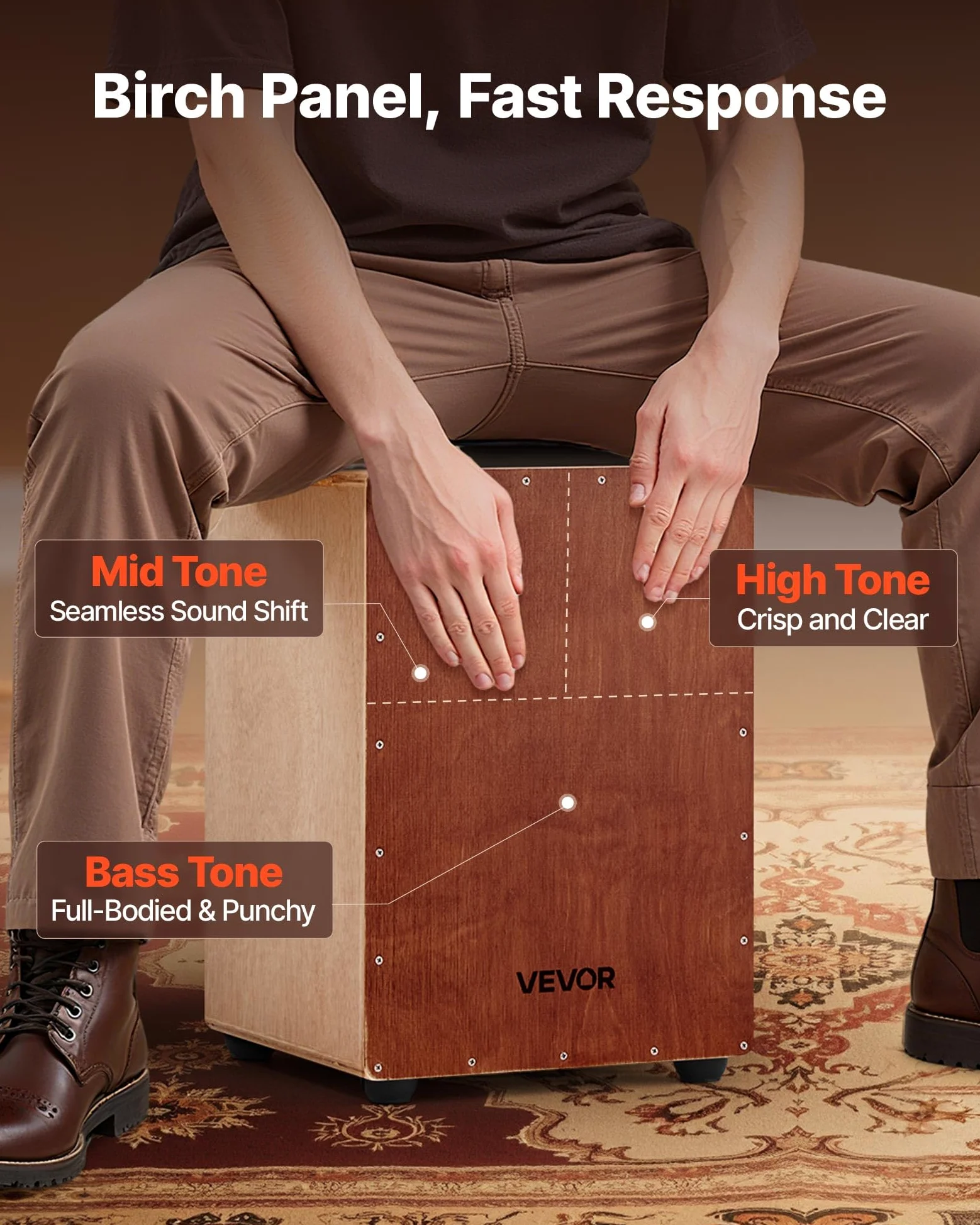 VEVOR Cajon Box Drum, Con Cordiere Rullanti Interni, Scatola di Percussioni in Legno Leggera, Strumento Musicale Portatile in Legno di Betulla con Borsa da Viaggio, 305 x 305 x 430 mm