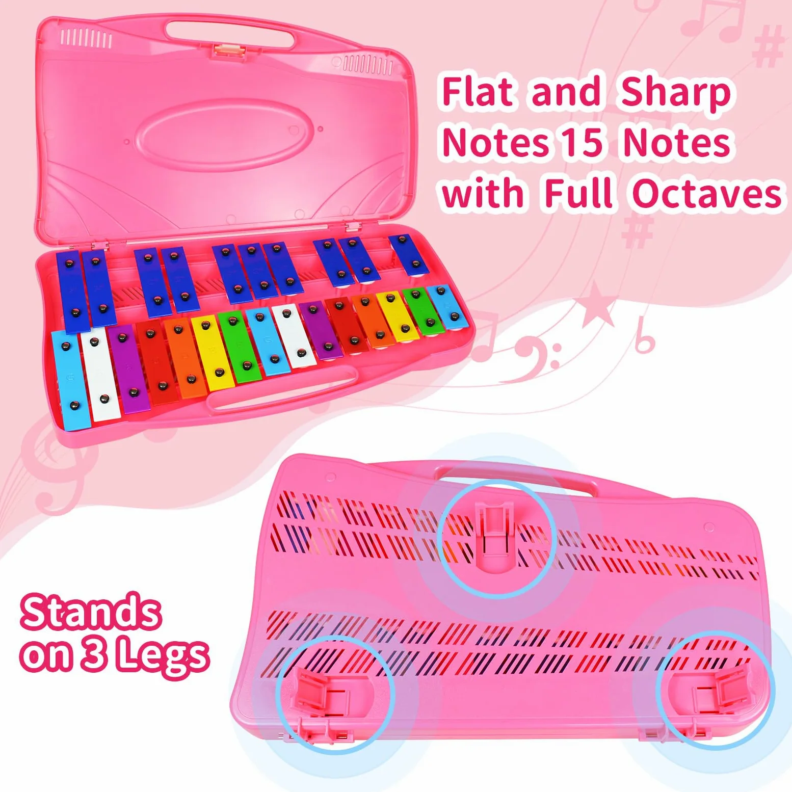 Glockenspiel - Xilofono con 25 note, tasti colorati in metallo con mazzuole, strumento musicale a percussione, insegnamento musicale educativo per principianti, rosa