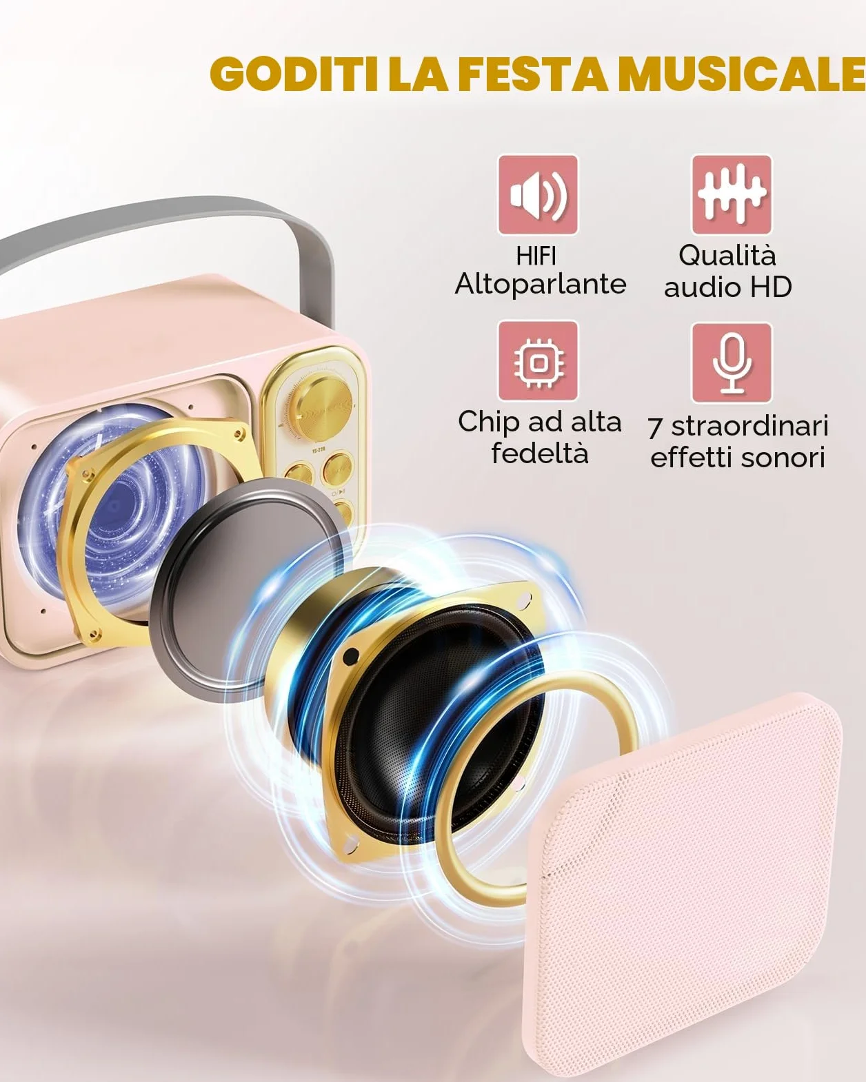 Karaoke per Bambini BESCOST Professionale Completo con 2 Microfoni Wireless,Cassa Portatile 7 Effetti Sonori,Idea Regalo Compleanno,Giocattolo Natale 5-14 Anni