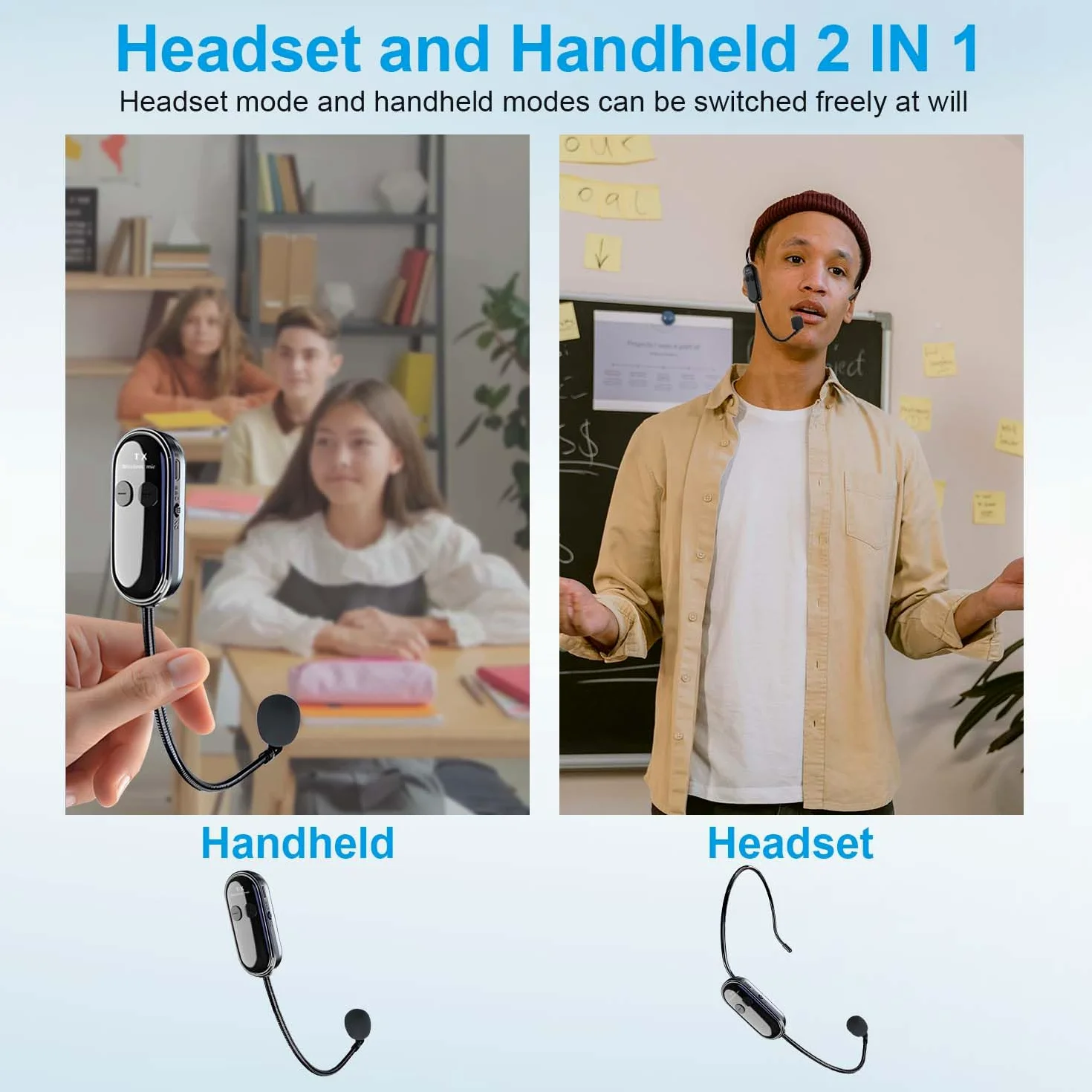 Microfono Wireless ad Archetto Wireless Auricolare/a Mano 2 in 1, UHF Wireless Microfono Ricaricabile Spina Jack da 6,35mm e 3,5mm per Amplificatore Vocale, Fitness, Insegnamento, Tour, Sistema PA