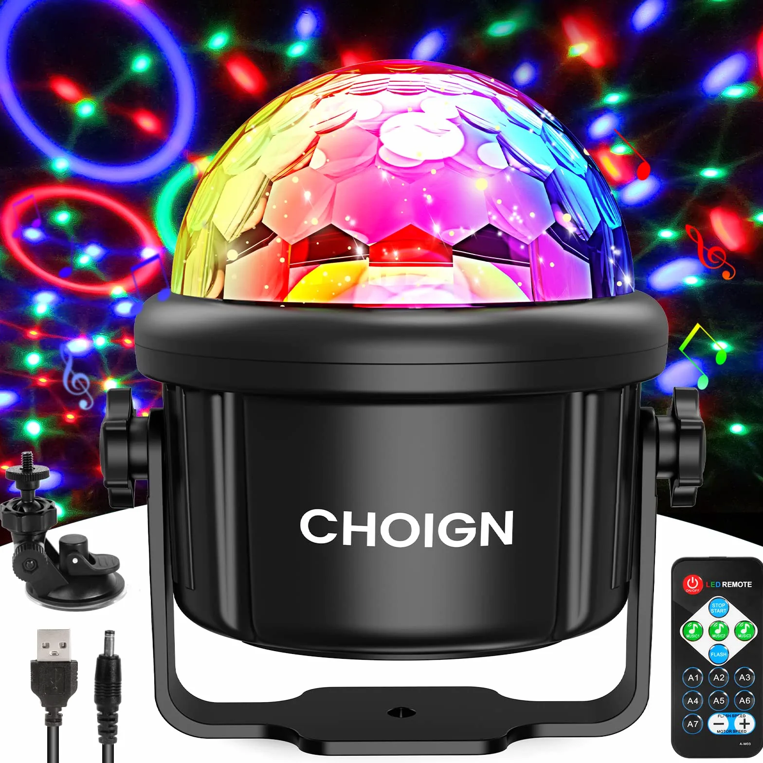 Luci Discoteca, RGB 7 Colori Luci Feste in Casa con Telecomando e 4M Cavo USB, 360°Ruotabile Palla Discoteca a Ritmo di Musica, LED DJ Stroboscopiche per Natale, Bar, Club, Auto, Karaoke, Regalo