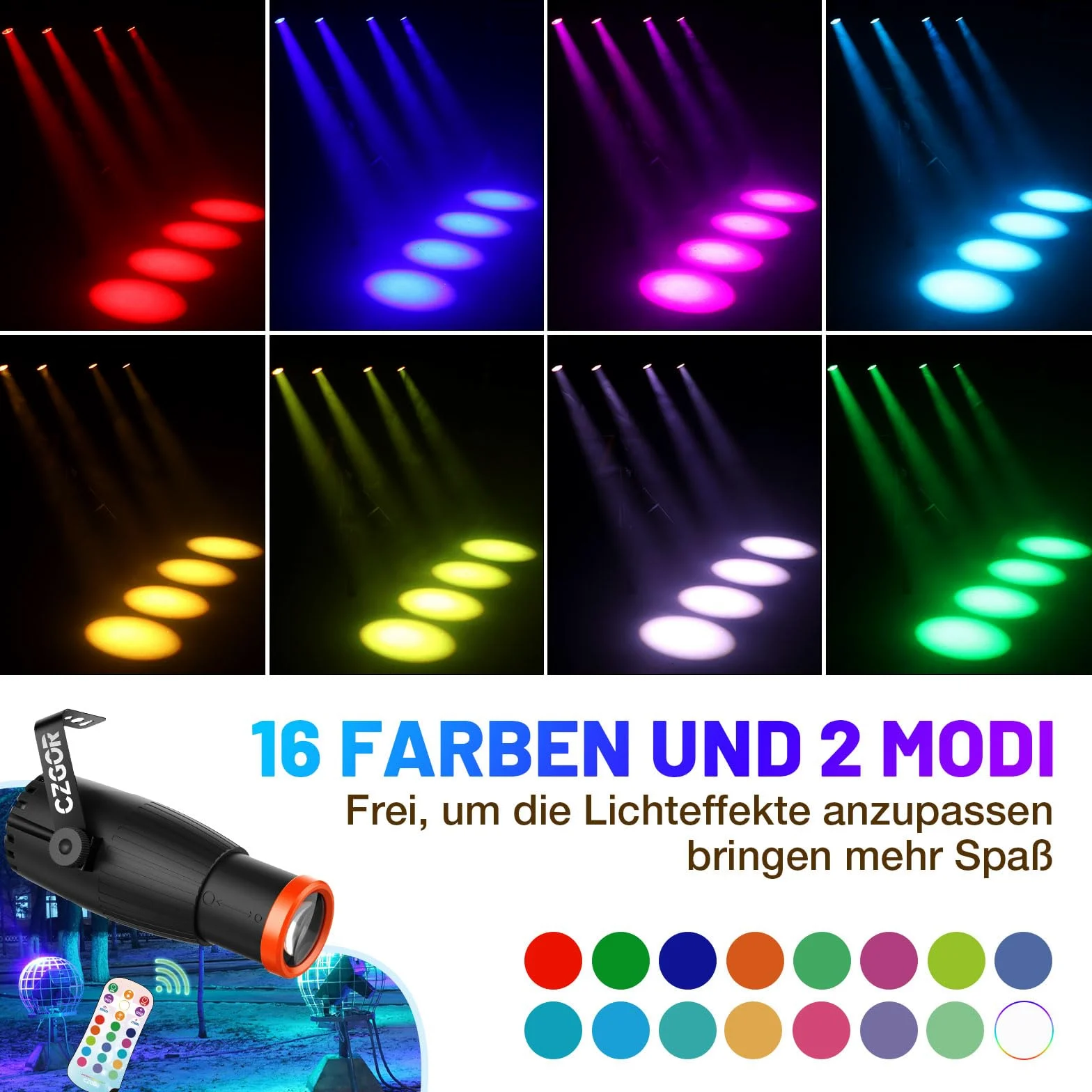 Pinspot LED Luce, Czgor 18W RGBW 4 in 1 Luci Spot con telecomando, Fuoco Manuale Palla Disco Spotlight, Super Luminoso con Colonna Guida Luce, Palcoscenico Illuminazione per Disco Party, 2 Pack