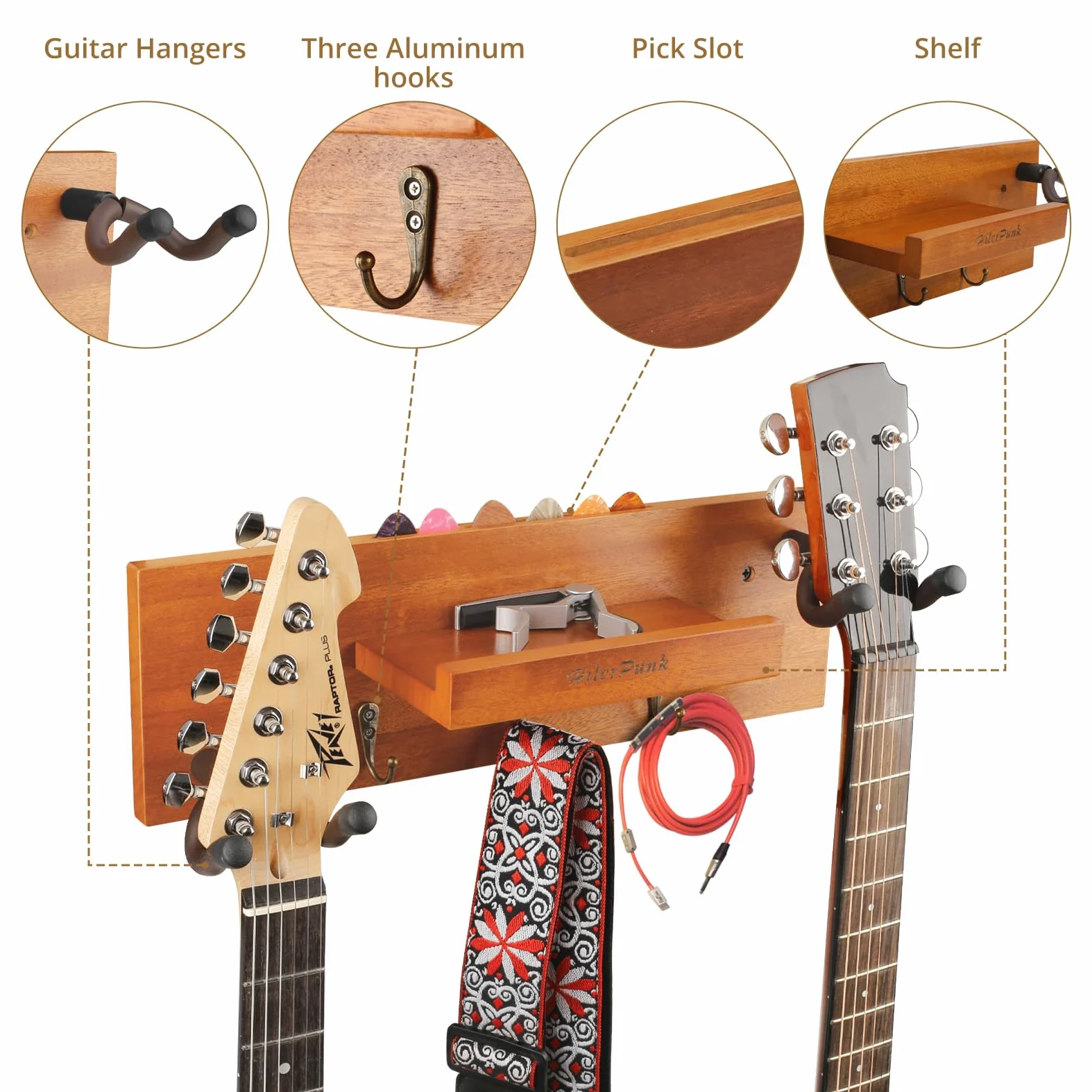 Supporto da parete per chitarra, gancio da parete per chitarra in legno massiccio con 3 ganci e 2 ganci girevoli in gomma per chitarra, espositore per chitarra con ripiano e porta plettri per chitarra