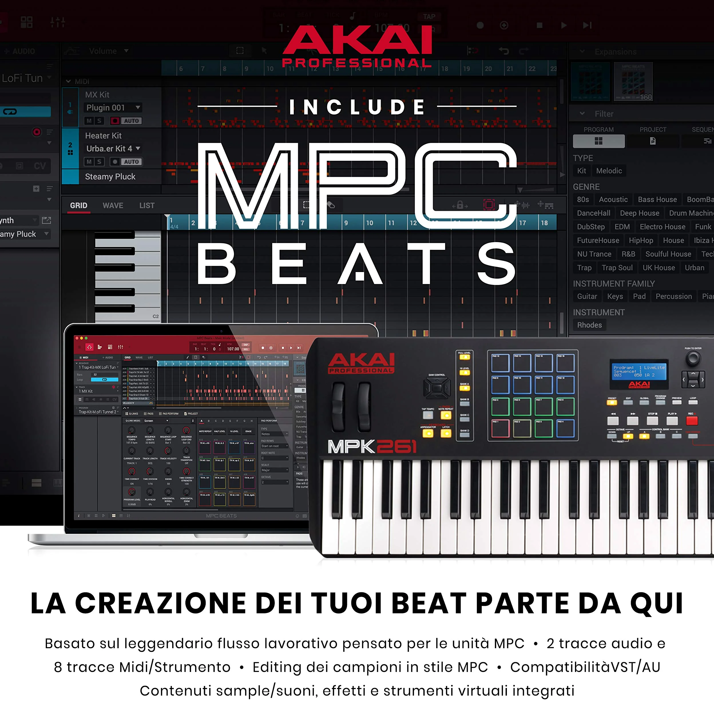 AKAI Professional MPK261 - Tastiera MIDI Controller con 61 Tasti Semi-Pesati, Controlli MPC + Software