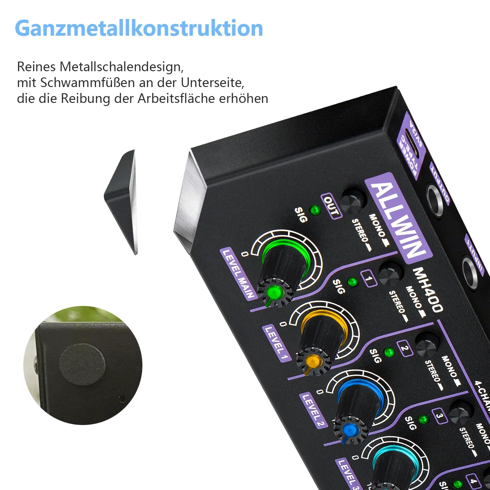 ALLWIN Mixer a 4 canali, mini mixer audio portatile 4in1out basso rumore DC5V supporto mono e stereo, per chitarre/bassi/tastiere/mixer/strumenti