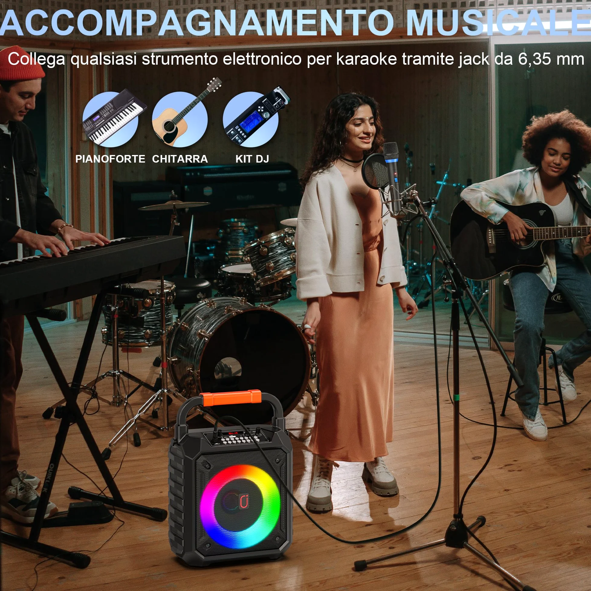 JYX Karaoke con 2 Microfonoper Adulti, Subwoofer da 6,5", 80W Cassa Bluetooth 5.3 Portatile Altoparlante con Luci LED, Autonomia 24-72 Ore, Sistema PA Supporta Scheda TF/USB/AUX-In/REC