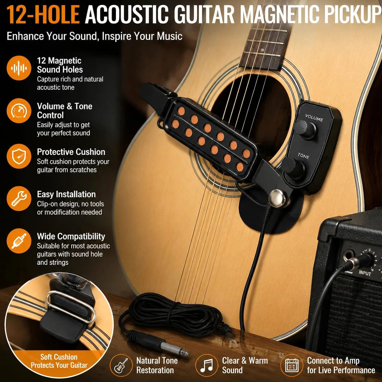 Pickup Chitarra Acustica 12 Fori Metal Magnetic Guitar Transducer Sound Pickups con kit di Accordatura del Volume e Cavo di Amplificazione per chitarra acustica e ukulele