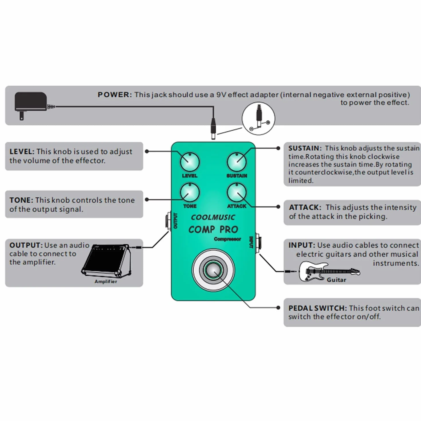 Coolmusic C-CS01 Pedal Compressore, Pedale per Chitarra e Basso True Bypass