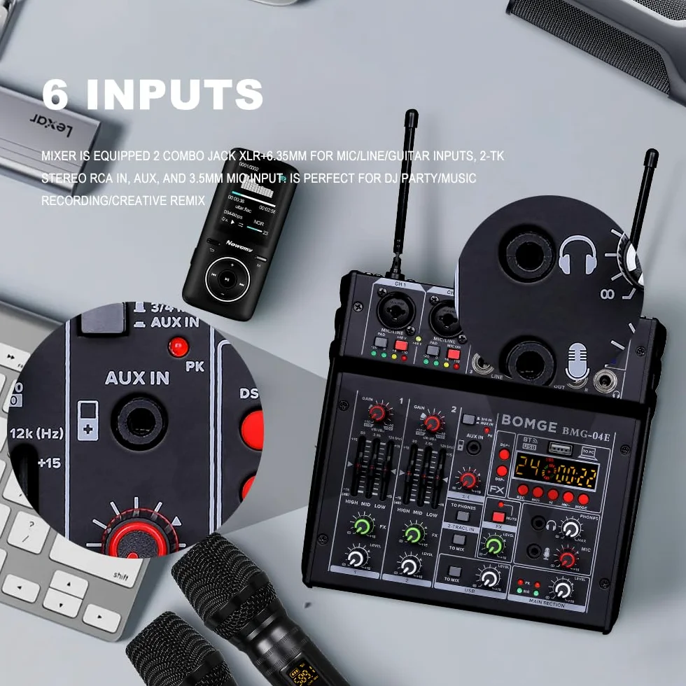 BOMGE Mixer audio karaoke 04E, mixer a 4 canali con doppio microfono wireless UHF, console audio MP3, Bluetooth 48 V, alimentazione phantom, interfaccia audio USB, mixaggio per DJ per feste, computer,