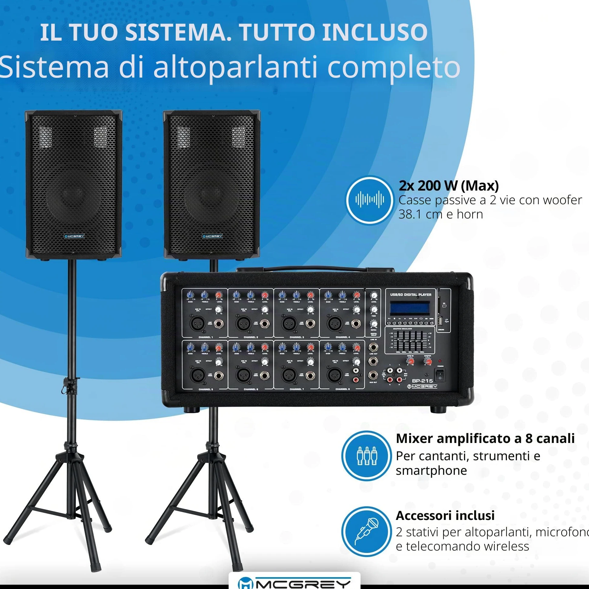 McGrey BP-215 Bandpack PA-System: mixer amplificatore 8 canali, riverbero digitale, Bluetooth, slot USB/SD, casse 2 vie 15" woofer, microfono, supporti, cavi, 150 Watt.