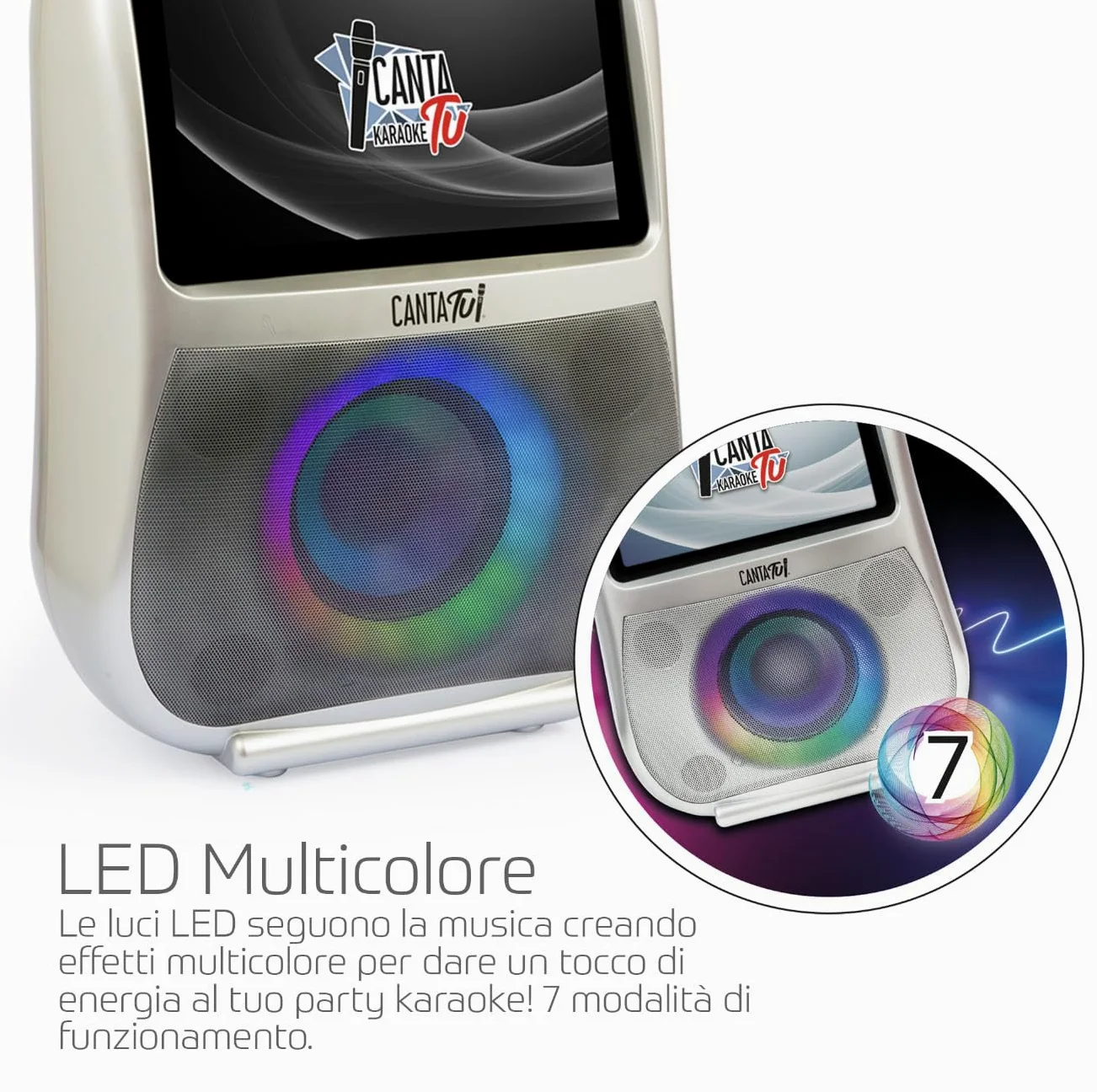 CANTA TU KARAOKE - PRO 2023 Professionale Completo con Microfono Wireless, Display Touch, Connessione Wi-Fi, Effetti Vocali, Luci LED, Batteria Ricaricabile, Voice Changer, Argento