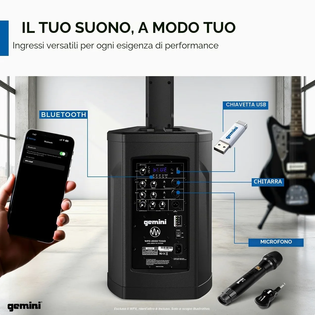 Gemini Sound WPX-2000 Togo, Altoparlante Portatile Modulare Line Array Pro pa a Batteria, Picco 1000W, Streaming Bluetooth, per Dj, Feste ed Eventi