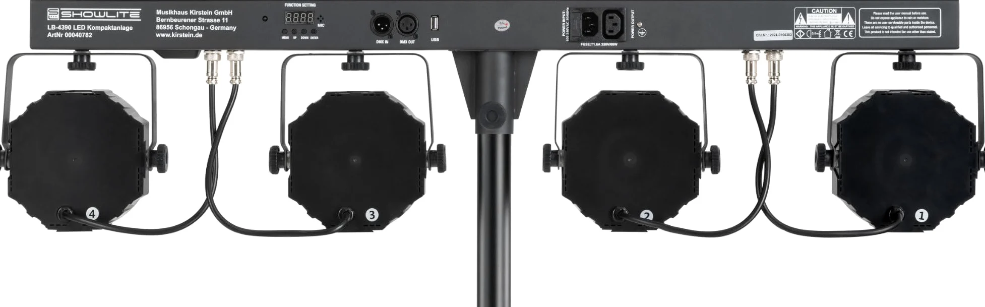 Showlite LB-4390 Sistema Completo LED RGB, con Pedale Wireless (Tri-LED PAR Spots, Strobe Spot bianchi, DMX512, Pedale Wireless, Display LCD, Microfono, T-Bar, Statore, Borse)