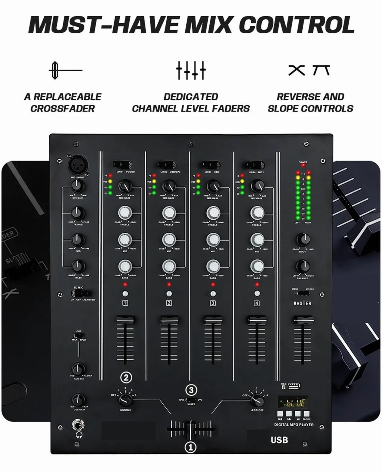 DJ Controller, Mixer DJ USB a 4 canali con interfaccia integrata, equalizzatore a 3 bande, ingresso fono e crossfader sostituibile for DJ Stage