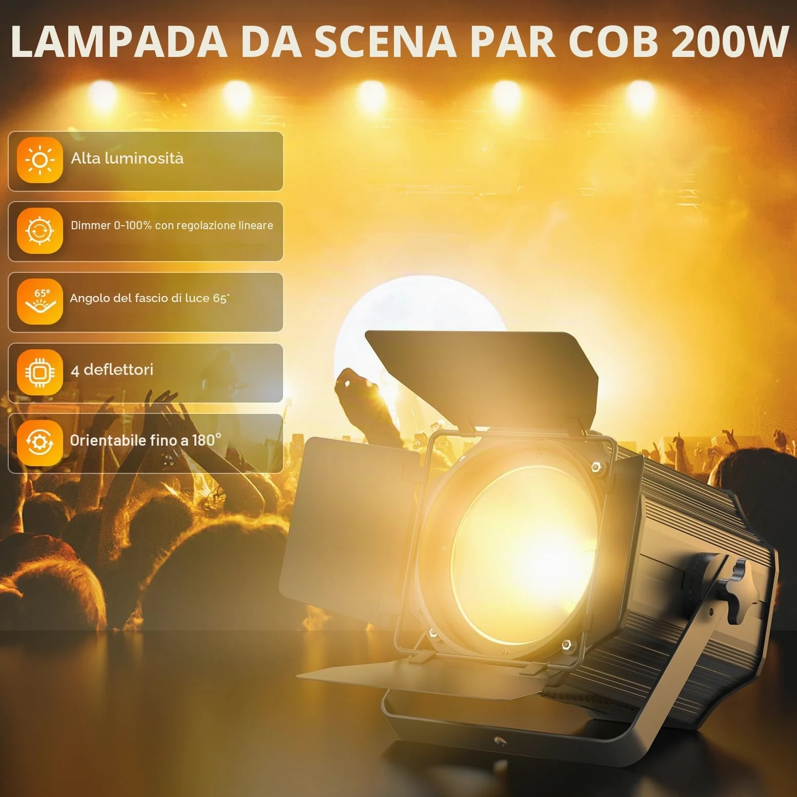 200 W COB Par LED Proiettore da palco con otturatori dimmerabili, 3500 a 7500 K 2 in 1 illuminazione da scena DMX/modalità master-slave luce per feste DJ, chiesa, concerto, matrimonio