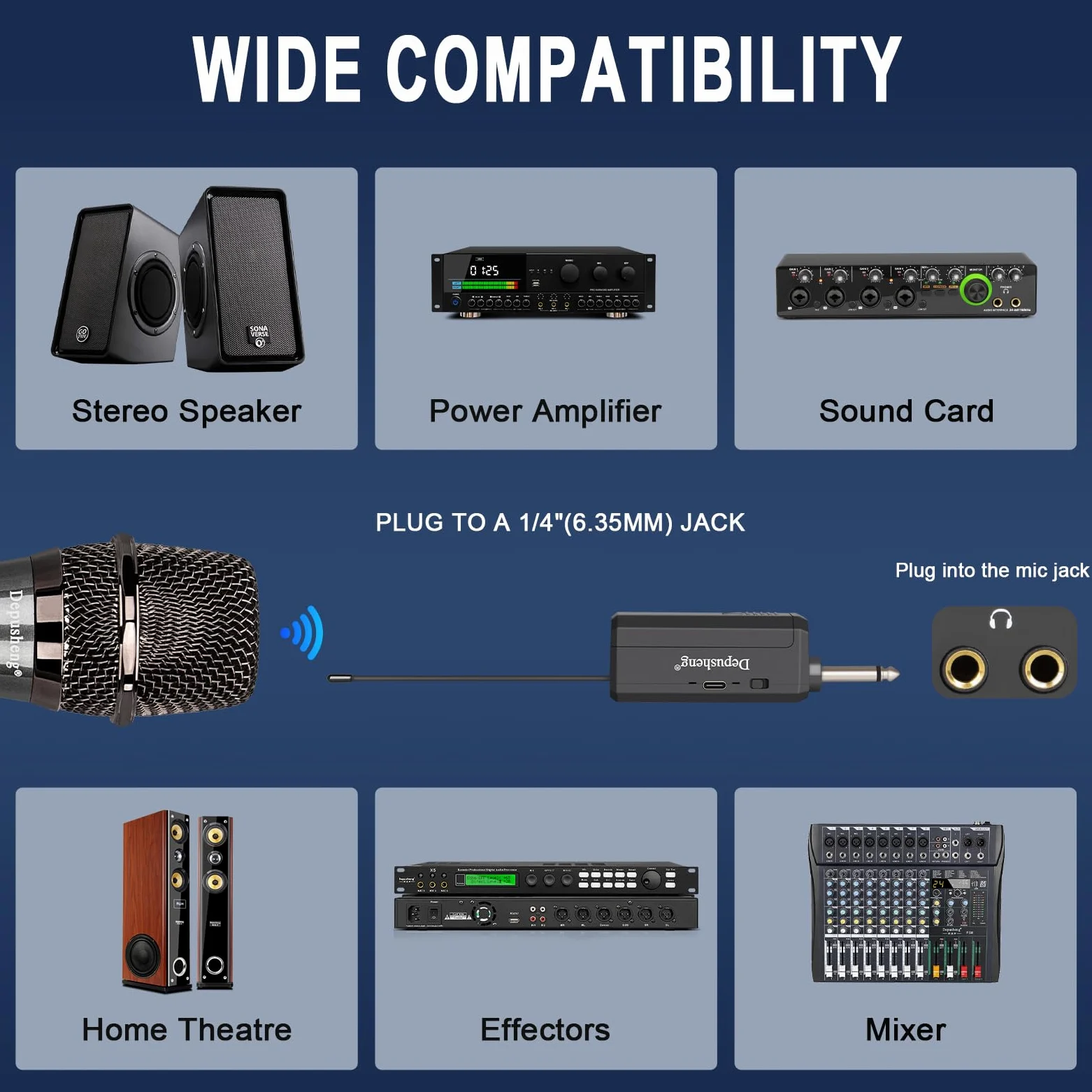 Depusheng Microfoni senza fili, sistema microfono karaoke, microfonos Inalambricos con ricevitore ricaricabile, microfono dinamico cordless per canto, matrimonio, DJ, festa, discorso