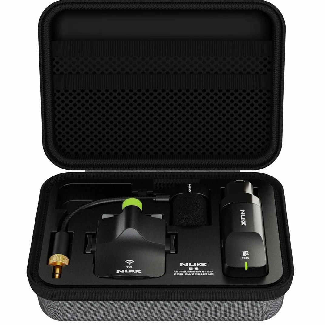 NUX B-6 - Sistema wireless per sassofono con custodia ricaricabile, portata 20m, audio 24 bit/44,1 kHz, microfono senza fili 2,4 GHz