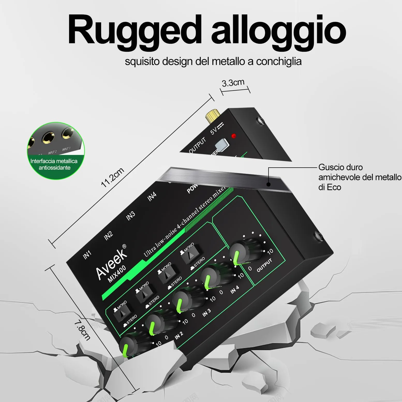 Aveek Mini Line Audio Mixer - Mixer audio piccolo a 4 canali con commutazione stereo/mono e funzionamento a basso rumore per sub-missaggio di precisione, ingresso/uscita TRS da 1/4", ideale per