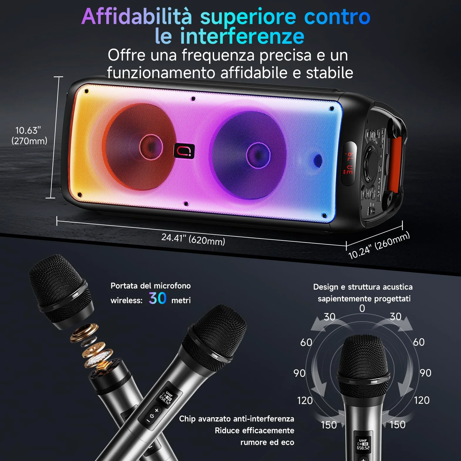 JYX Sistema Karaoke con 2 Microfoni Wireless, Altoparlante Karaoke Bluetooth Portatile Professionale con Luci LED, Ideale per Feste in Famiglia e Regali, Supporta USB/TF/AUX/MIC/TWS