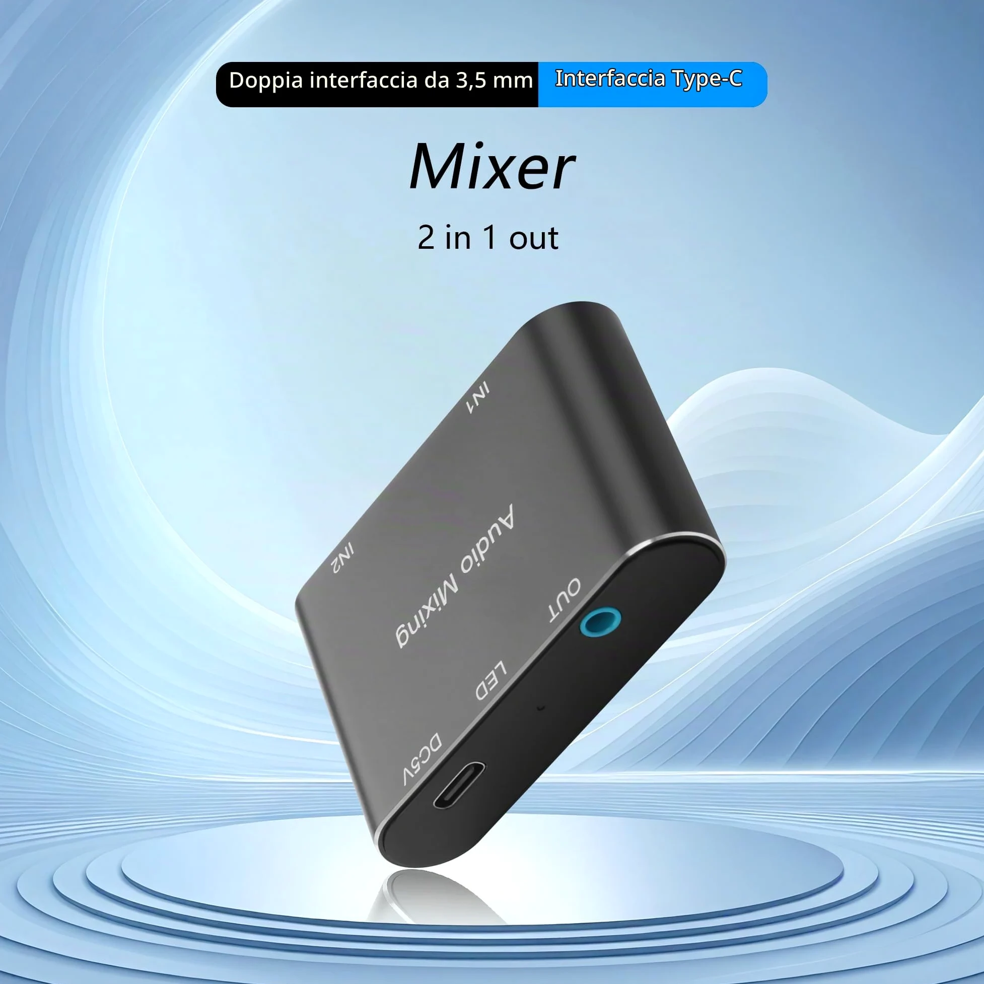 GINTOOYUN Mixer audio stereo da 3,5 mm 2 in 1 out mini mixer audio stereo da 3,5 mm con cavo di ricarica USB da 1,64 m per laptop, telefoni, cuffie, altoparlanti, ecc