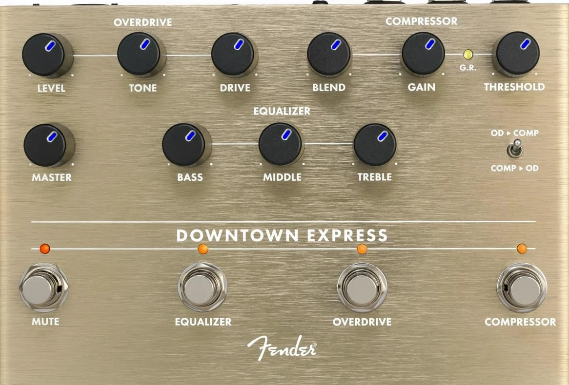 Fender Downtown Express Pedale Multi-Effetto per Basso, Compressore, Overdrive, EQ a 3 Bande, Uscita Diretta, Manopole Retroilluminate a LED, Interruttore Ordine Effetti