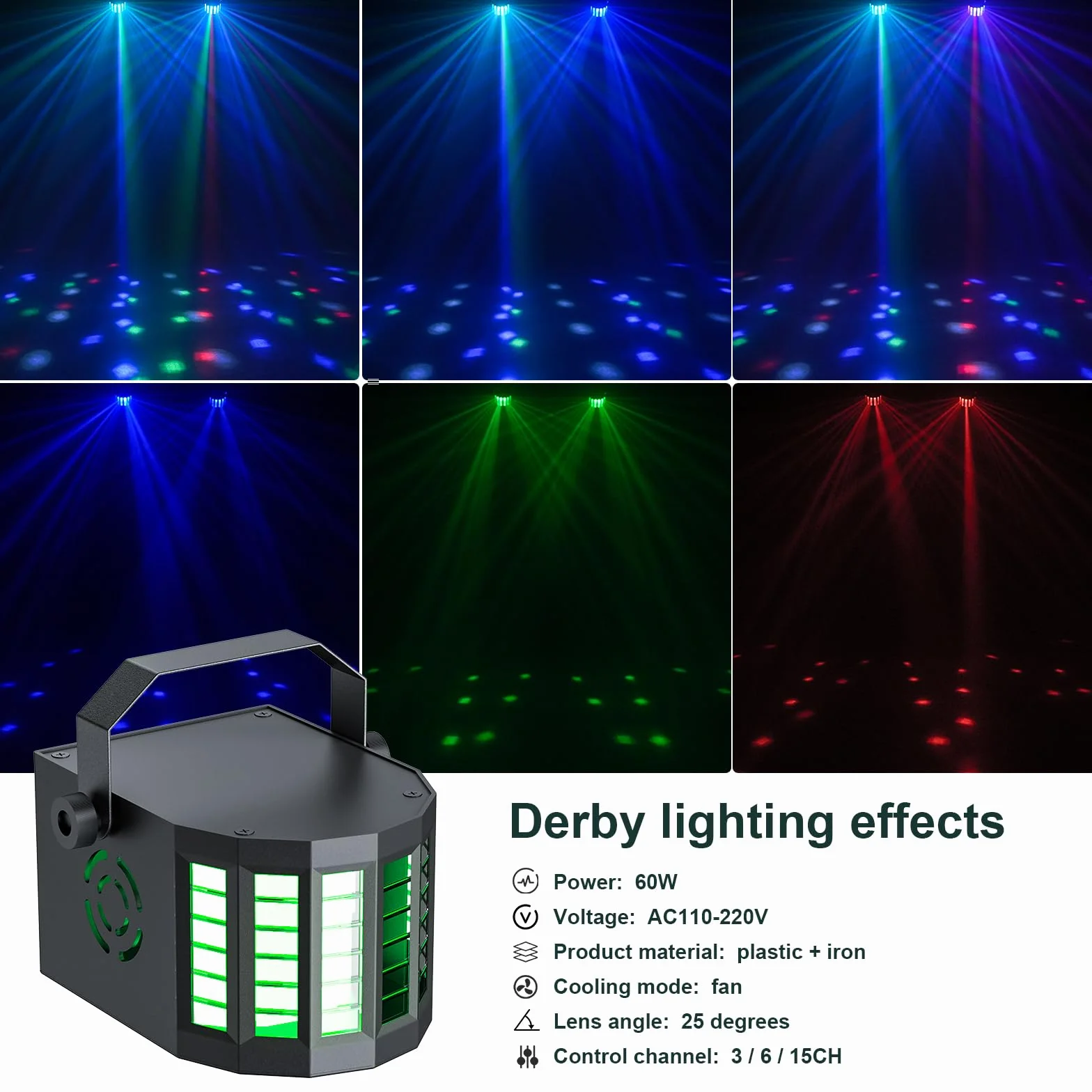 60 W Derby + RGBW LED Par luce DJ con supporto e telecomando, illuminazione da palco con DMX-3/6/15 canali luci discoteca per dj, feste, chiese, concerti, matrimoni, Natale (con borsa)