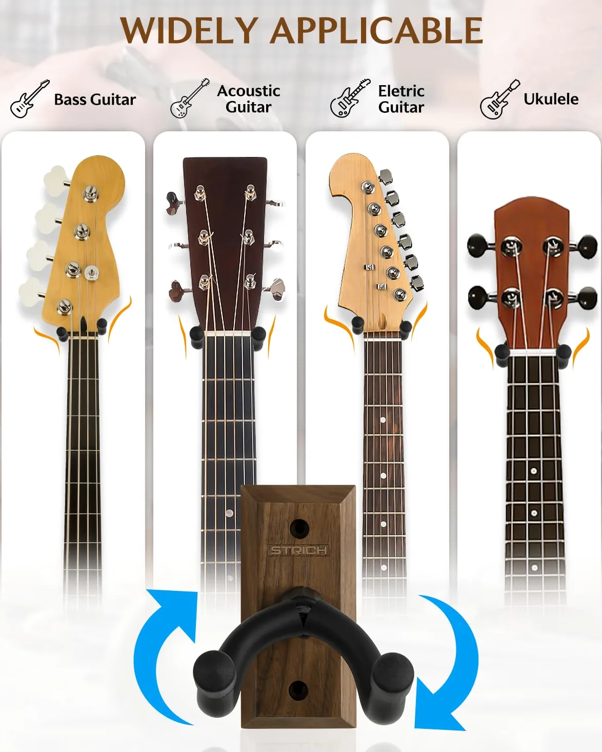 STRICH - Supporto da parete per chitarra, in legno di noce nero, gancio a U per chitarra acustica ed elettrica, basso, ukulele, violino, mandolino, banjo (confezione da 3)