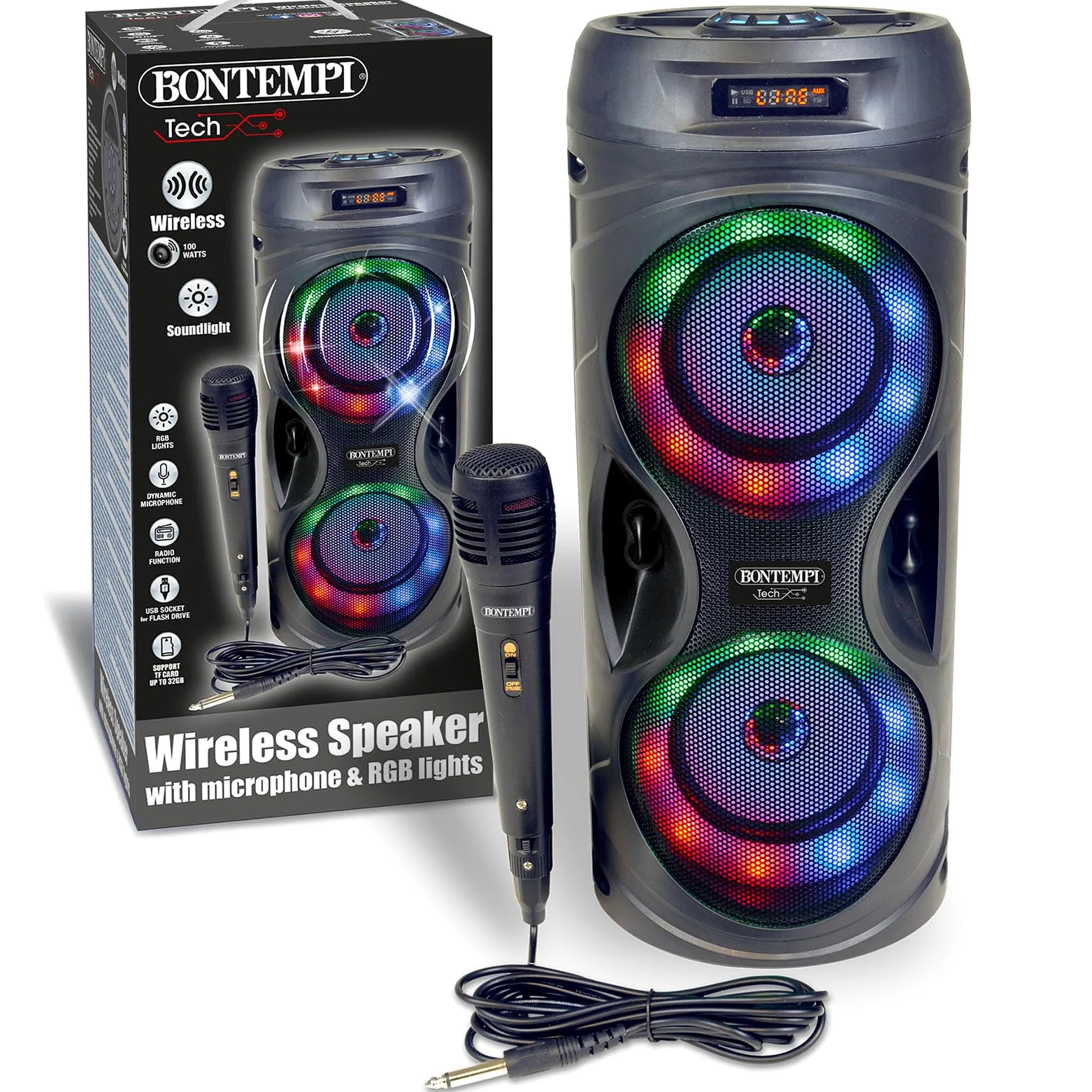 Bontempi | SonicSync - Amplificatore Wireless Karaoke con Microfono Dinamico, Effetti Luminosi, Regolatore Alti e Bassi, TWS ed Effetto Eco, 41,4x18,8x18,8 cm