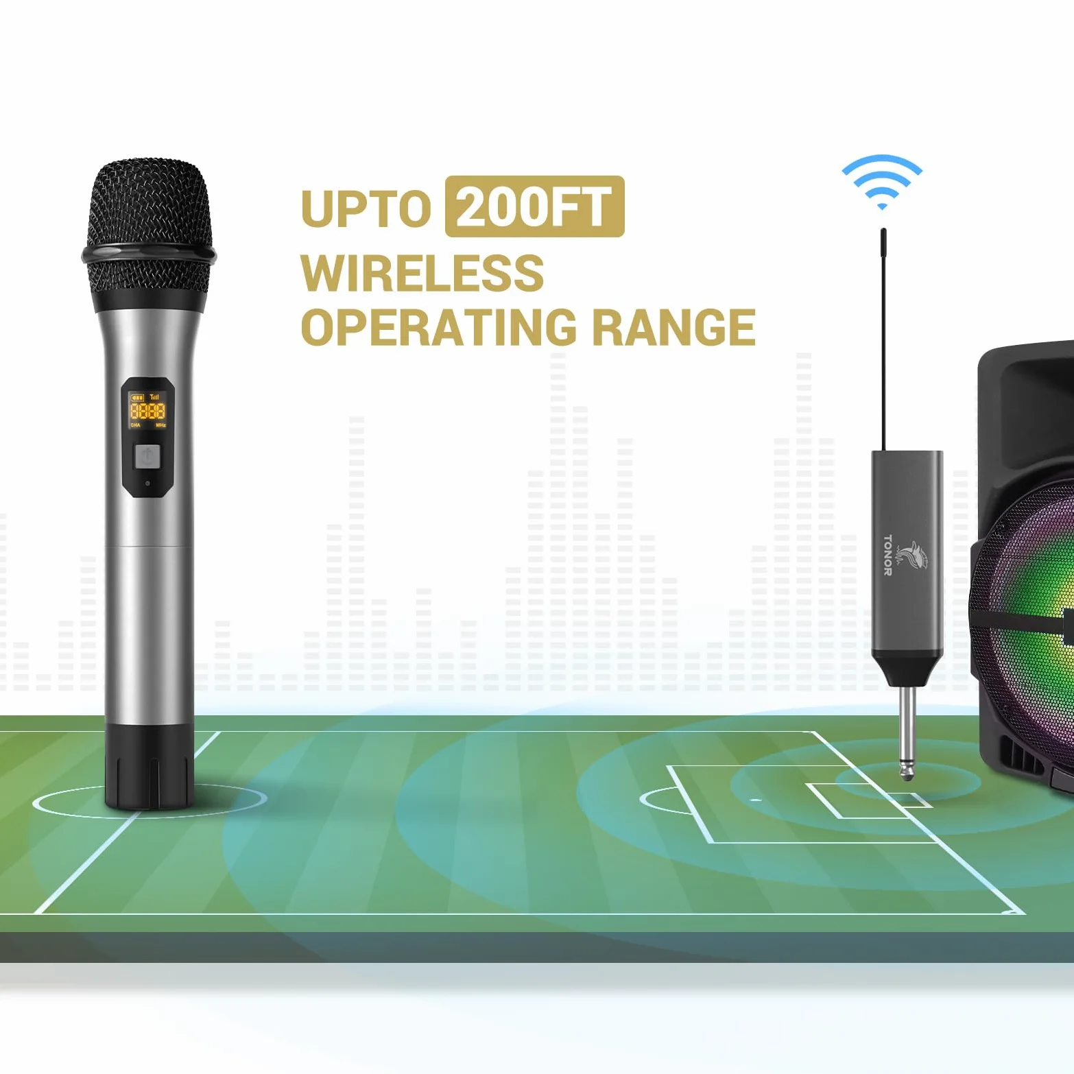 TONOR Microfono Senza Fili, UHF Sistema Wireless Microfonico Portatile in Metallo Cordless con Ricevitore Ricaricabile, Uscita 1/4" per Amplificatore, Macchina da Karaoke, 60m, Argento, TW620