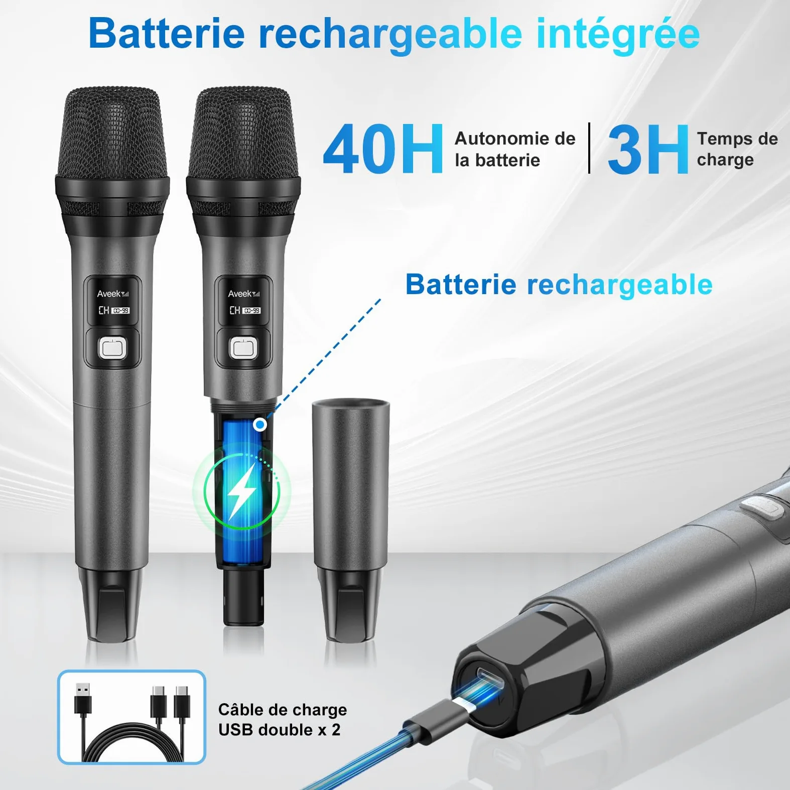 Sistema di microfoni wireless Aveek con 4 microfoni dinamici portatili, portata lunga di 80 m, batteria da 40 ore, suono da studio a bassa latenza per karaoke, canto, discorsi, chiesa, palcoscenico