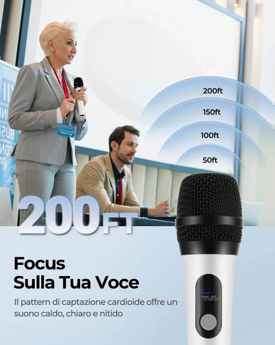 ALPOWL Microfono Wireless, doppio microfono dinamico Bluetooth digitale con ricevitore ricaricabile, portata 60M, microfono per canto, karaoke, riunioni, chiesa, matrimonio