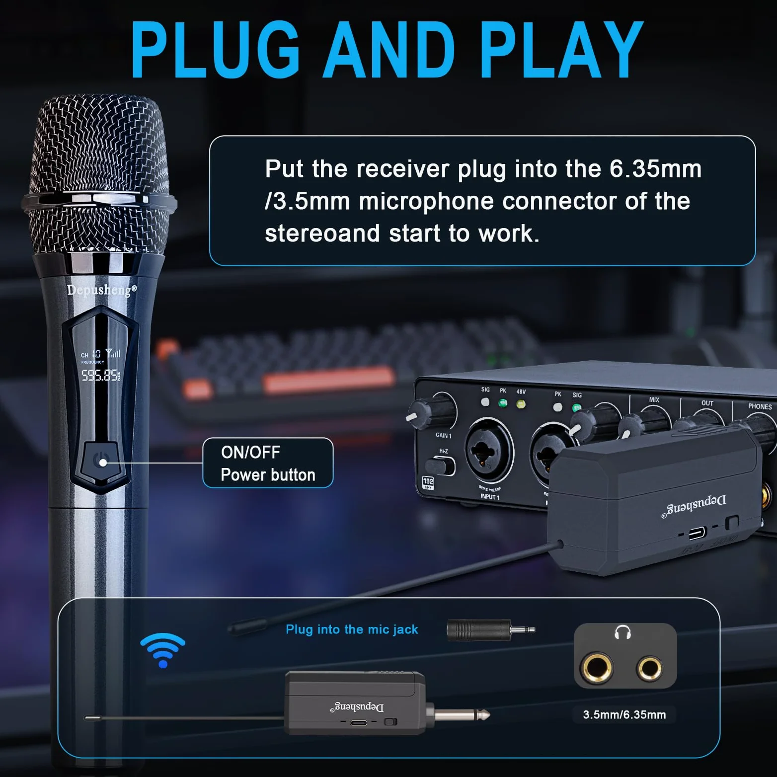 Depusheng Microfoni senza fili, sistema microfono karaoke, microfonos Inalambricos con ricevitore ricaricabile, microfono dinamico cordless per canto, matrimonio, DJ, festa, discorso