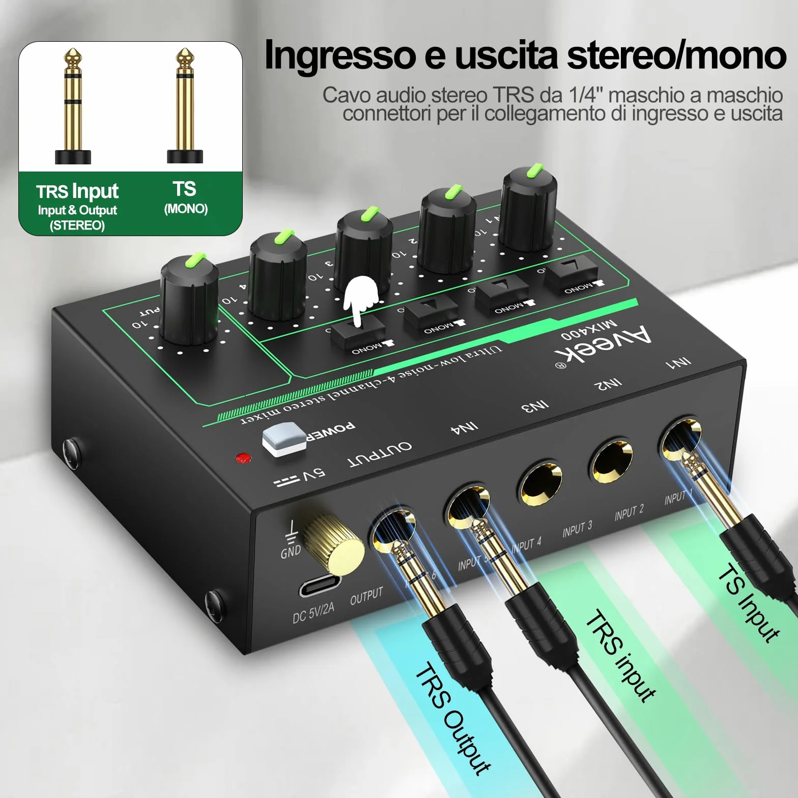Aveek Mini Line Audio Mixer - Mixer audio piccolo a 4 canali con commutazione stereo/mono e funzionamento a basso rumore per sub-missaggio di precisione, ingresso/uscita TRS da 1/4", ideale per