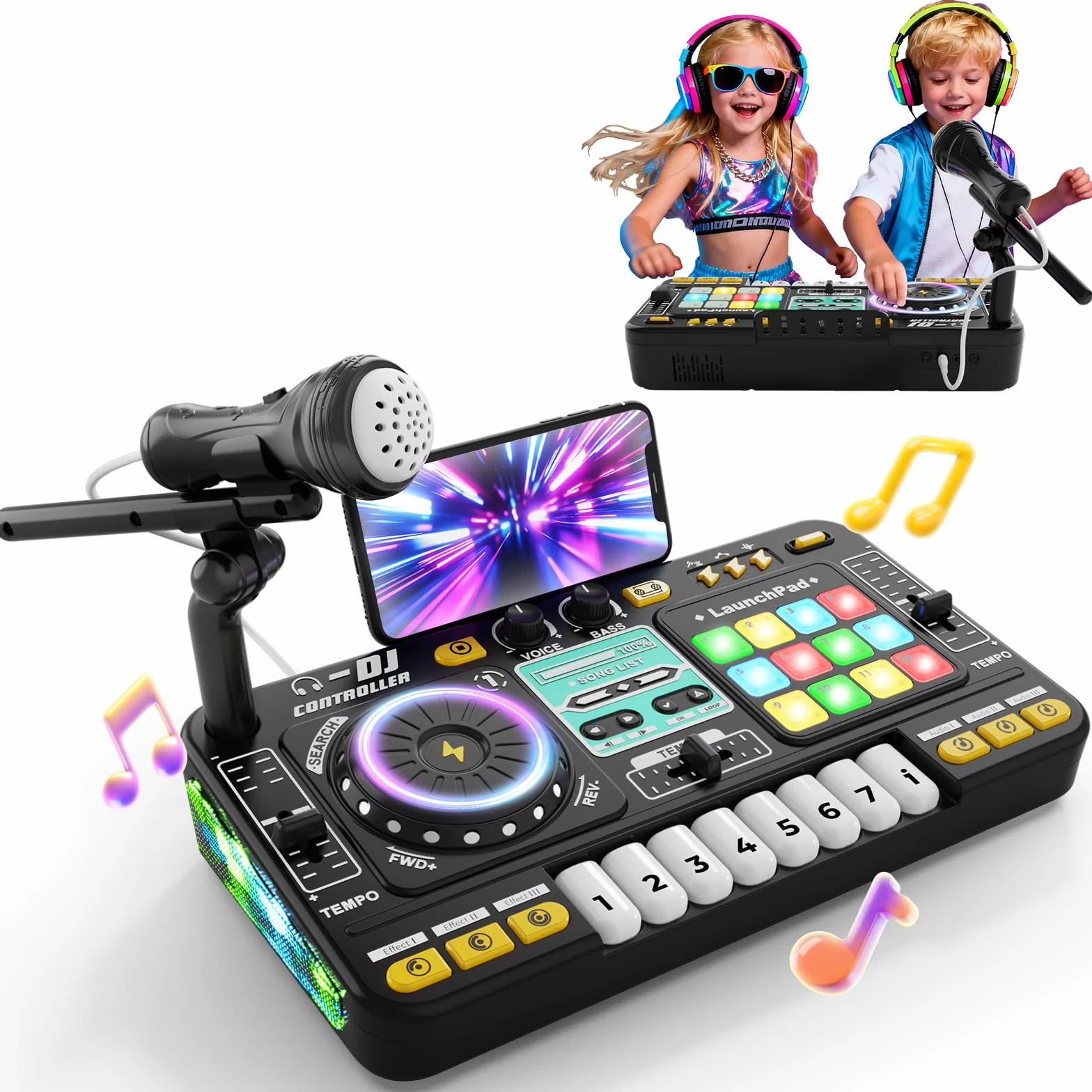DJ Mixer Console DJ per bambini 3-10 anni DJ Controller DJ Mixer Strumenti musicali con microfono 100+ effetti sonori, luce batteria, regalo giocattolo per principianti DJ ragazzi ragazze 3 5 6 7 8 9